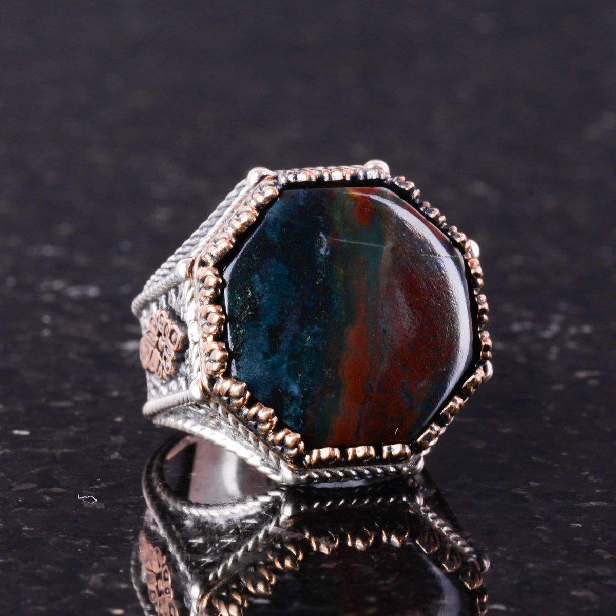 Natural Green Bloodstone Ring - Octagonal Design - Handmade 925 Sterling Silver Jewelry — 5
