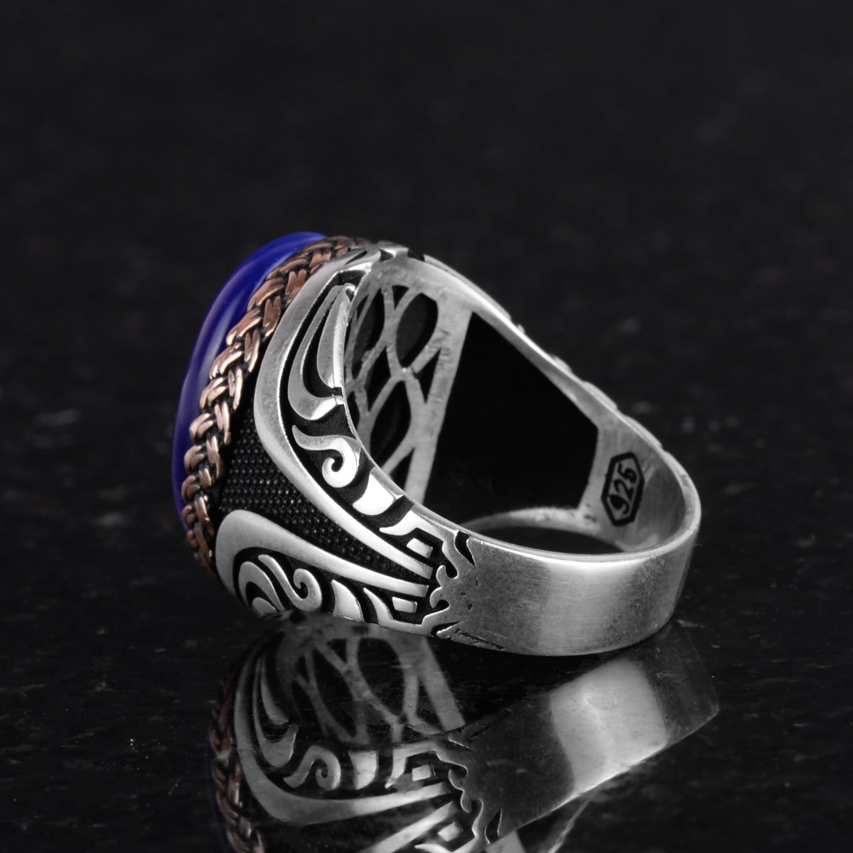 925 Sterling Silver Ring - Synthetic Stone Silver Ring - Handmade Ring (Dark Blue Eye Stone) — 7