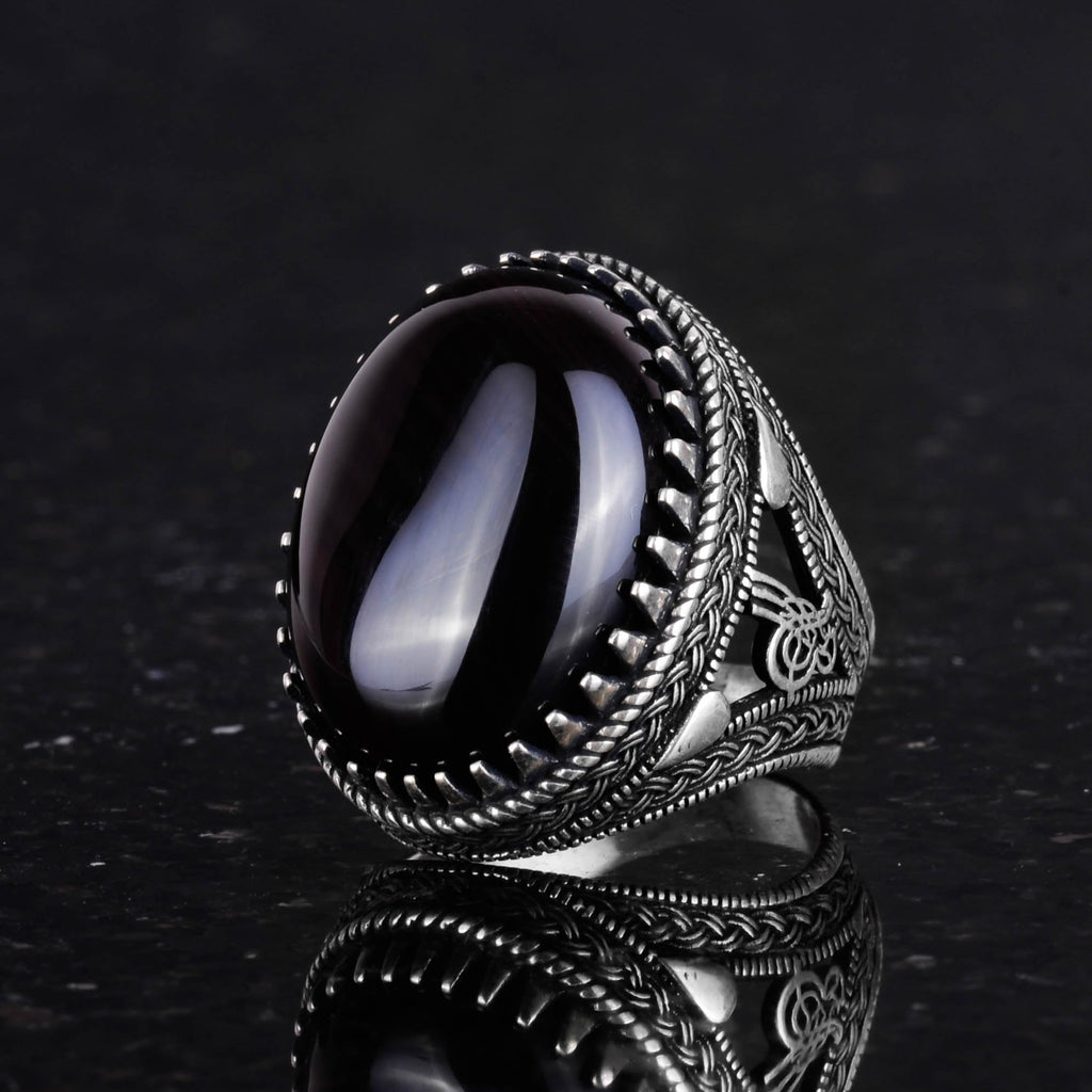 Handmade Natural Stone Ring, 925 Sterling Silver Men's Ottoman Tughra Ring – Magnificent Design (Obsidian) — 5