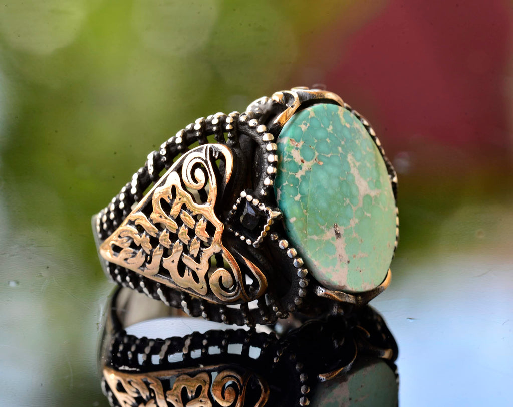 Men's Green Turquoise Stone Ring - Vintage Middle Eastern Design with 925 Sterling Silver — 4