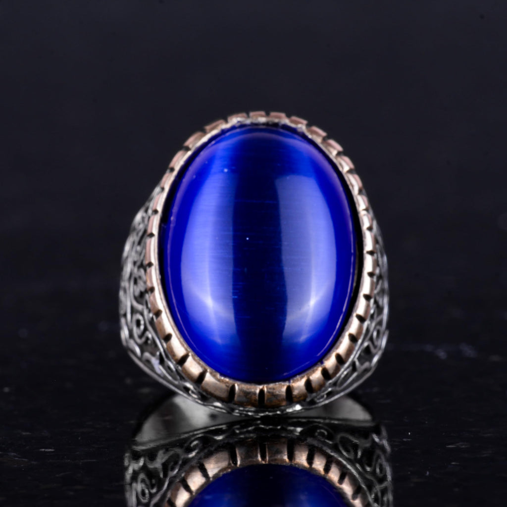 925 Sterling Silver Men's Ring - Big Ring (Dark Blue Cat Eye Stone) — 4