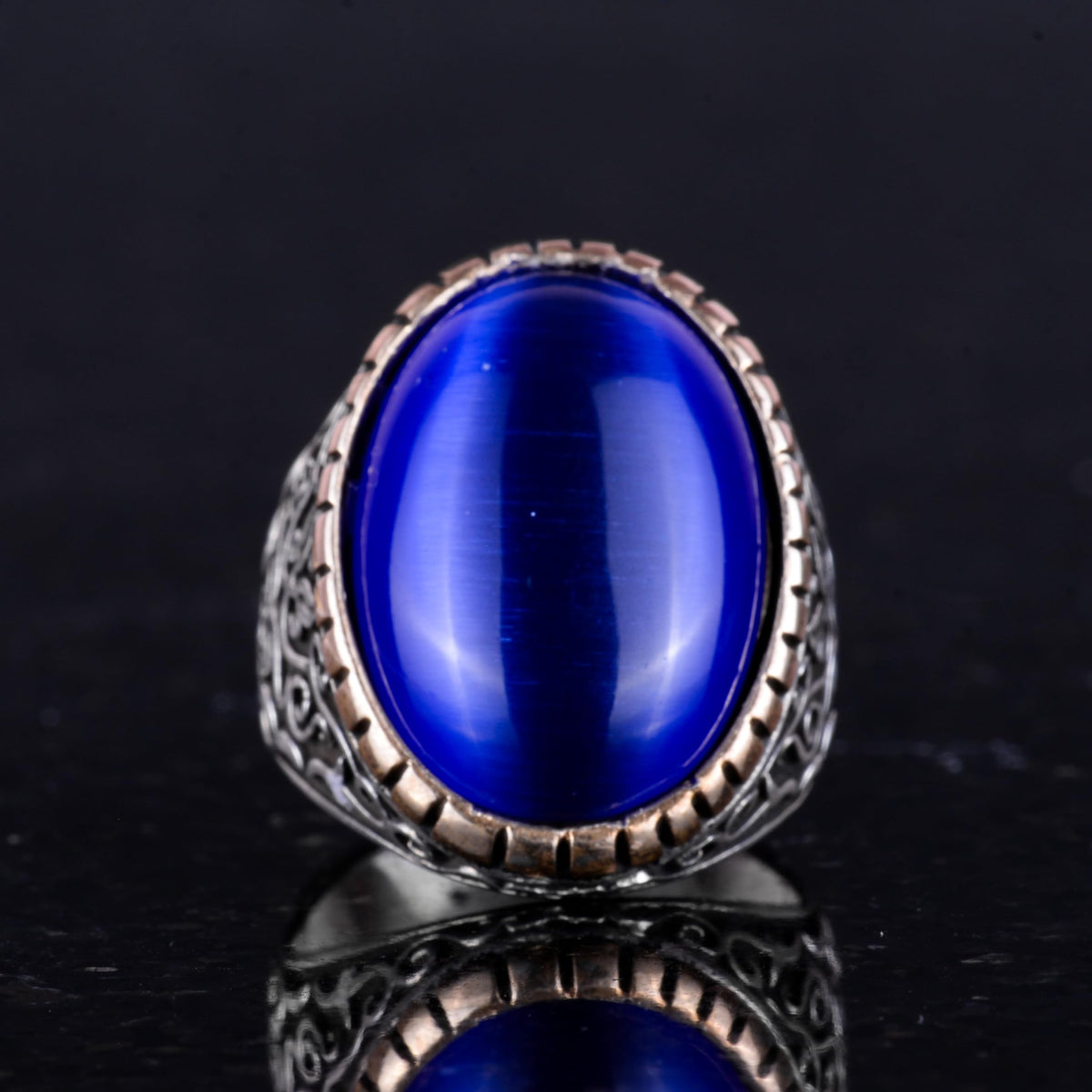 925 Sterling Silver Men's Ring - Big Ring (Dark Blue Cat Eye Stone) — 4