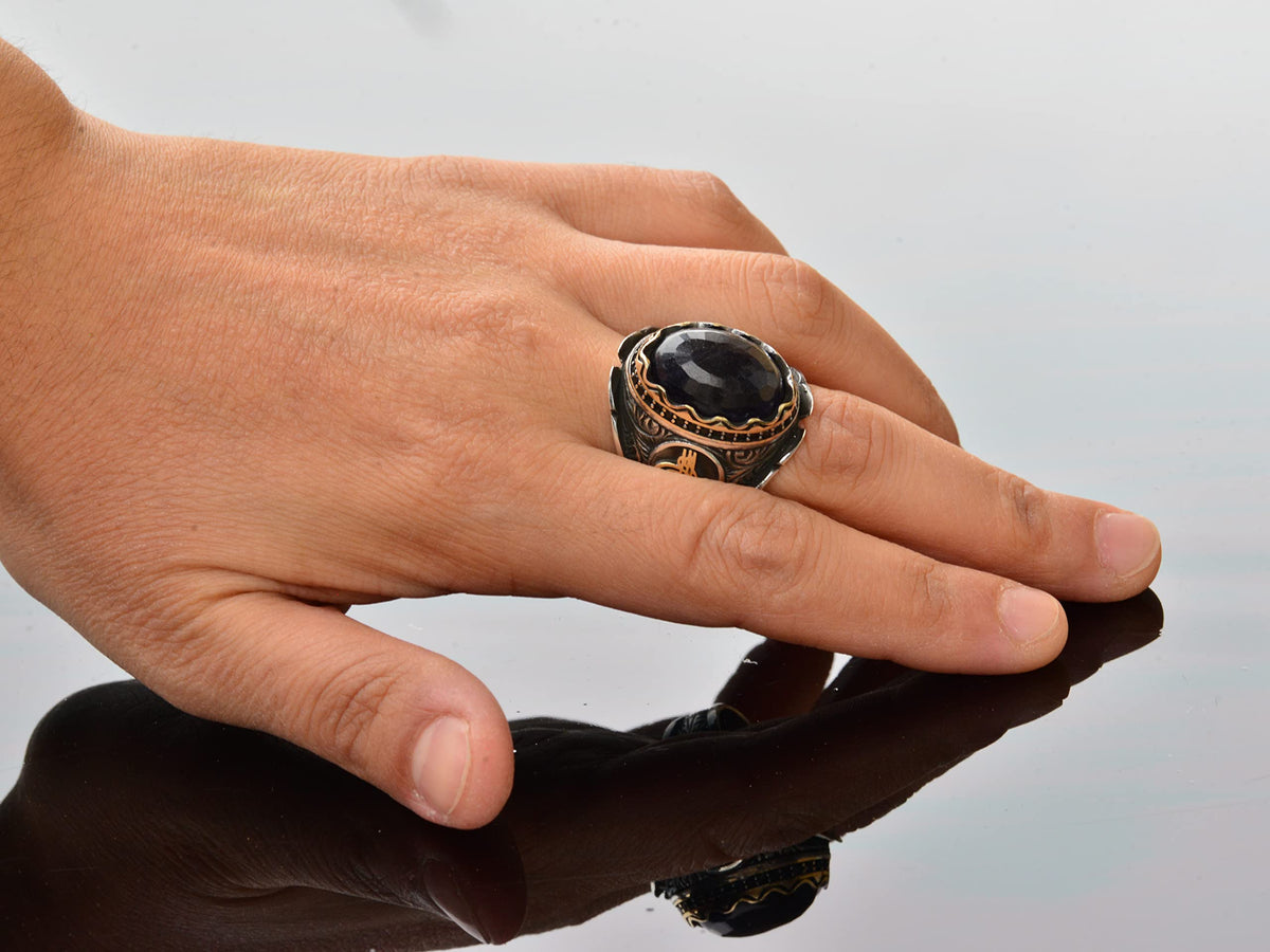KAMBO Handcrafted Men's Ring with Genuine Blue Sapphire - 925 Sterling Silver, Intricate Ottoman Sign Design, Middle Eas