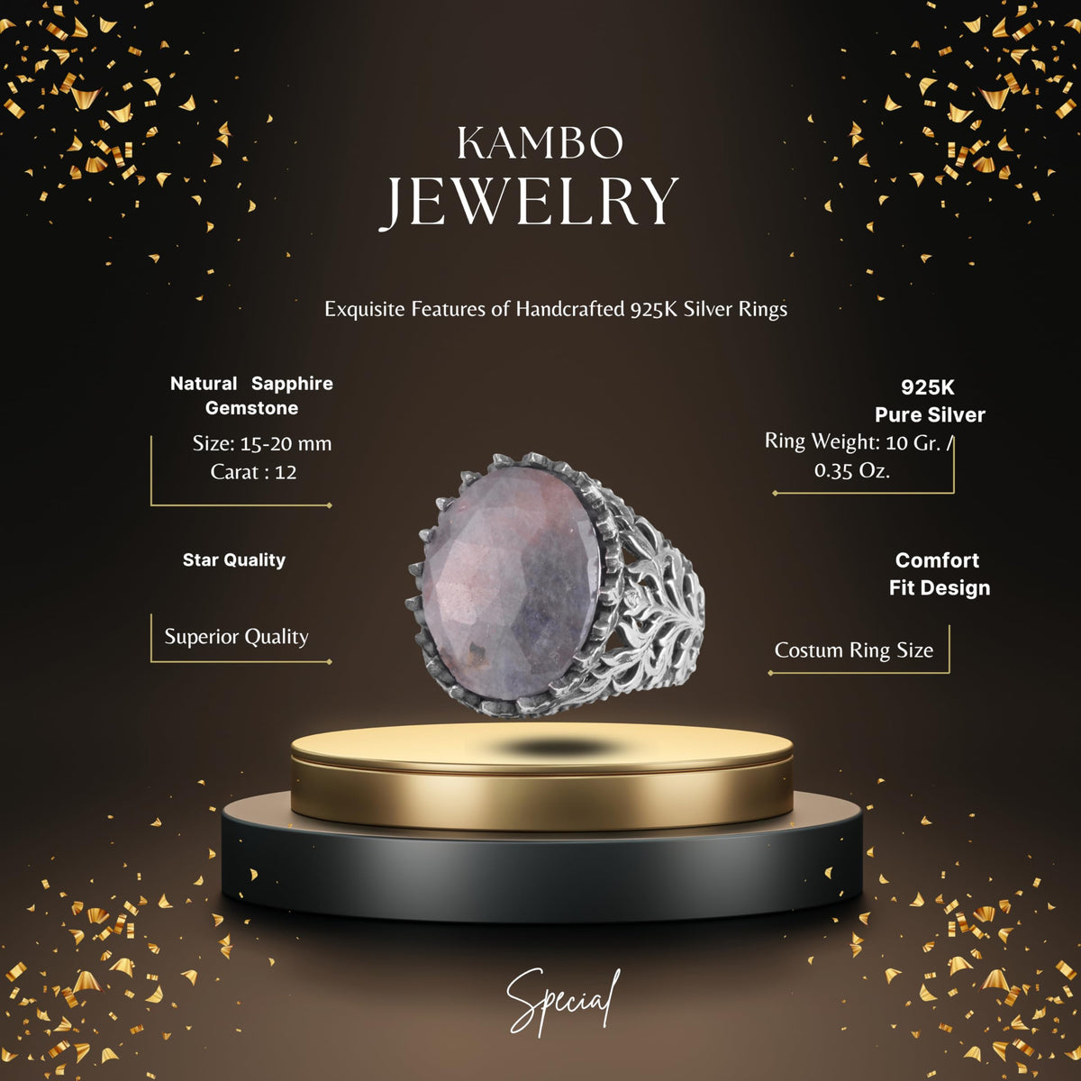 KAMBO Natural Sapphire Stone Men's Ring 925 Sterling Silver Handmade Oval Cut Statement Ring — 2