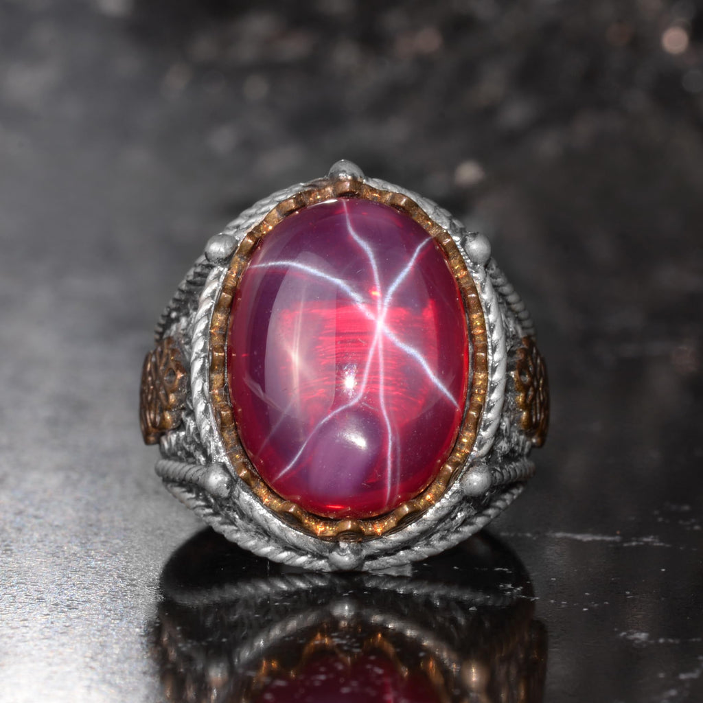 KAMBO Natural 6 Ray Star Ruby Stone Men's Ring 925 Sterling Silver Bronze Detailed Ottoman Pattern Handmade Statement Ring — 3