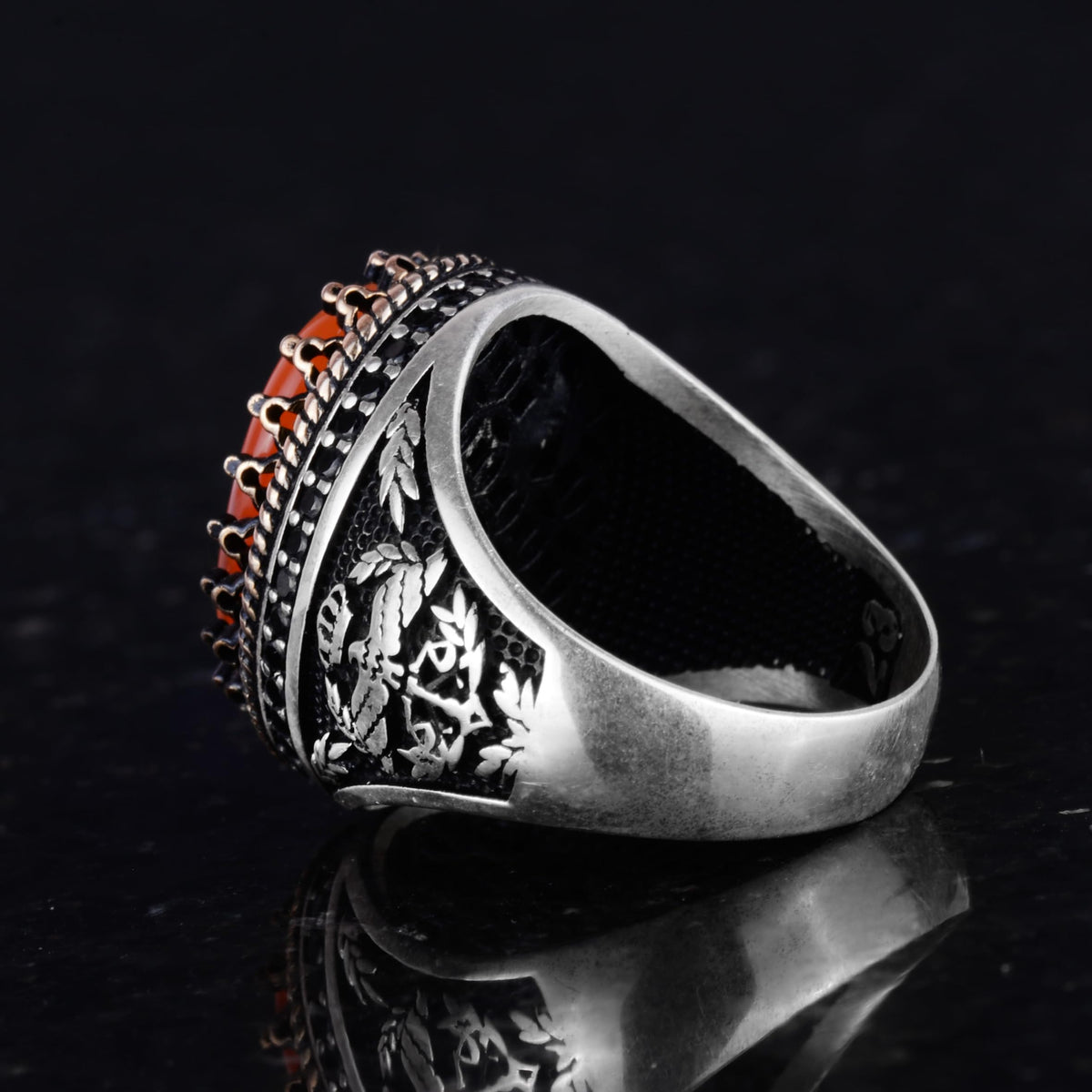 Kambo 925 Sterling Silver Men's Ring - Eagle Figure Synthetic Stone Handmade Ring (Orange Cat's Eye) — 7