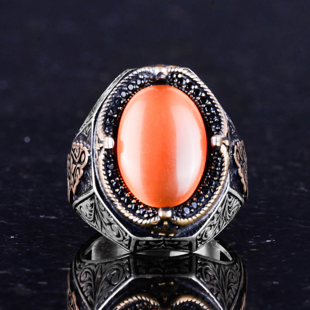 Kambo 925 Sterling Silver Ring - Design Men's Ring with Synthetic Orange Cat's Eye Stone — 4