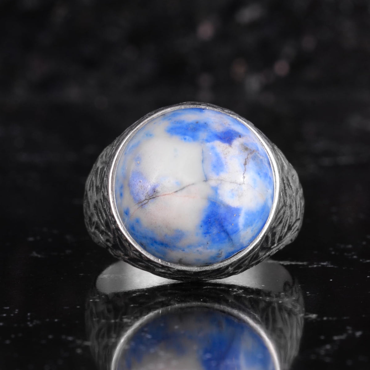 KAMBO Natural Stone Men's Ring 925 Sterling Silver Round Cabochon Handmade Statement Ring Stone (Sodalite) — 4