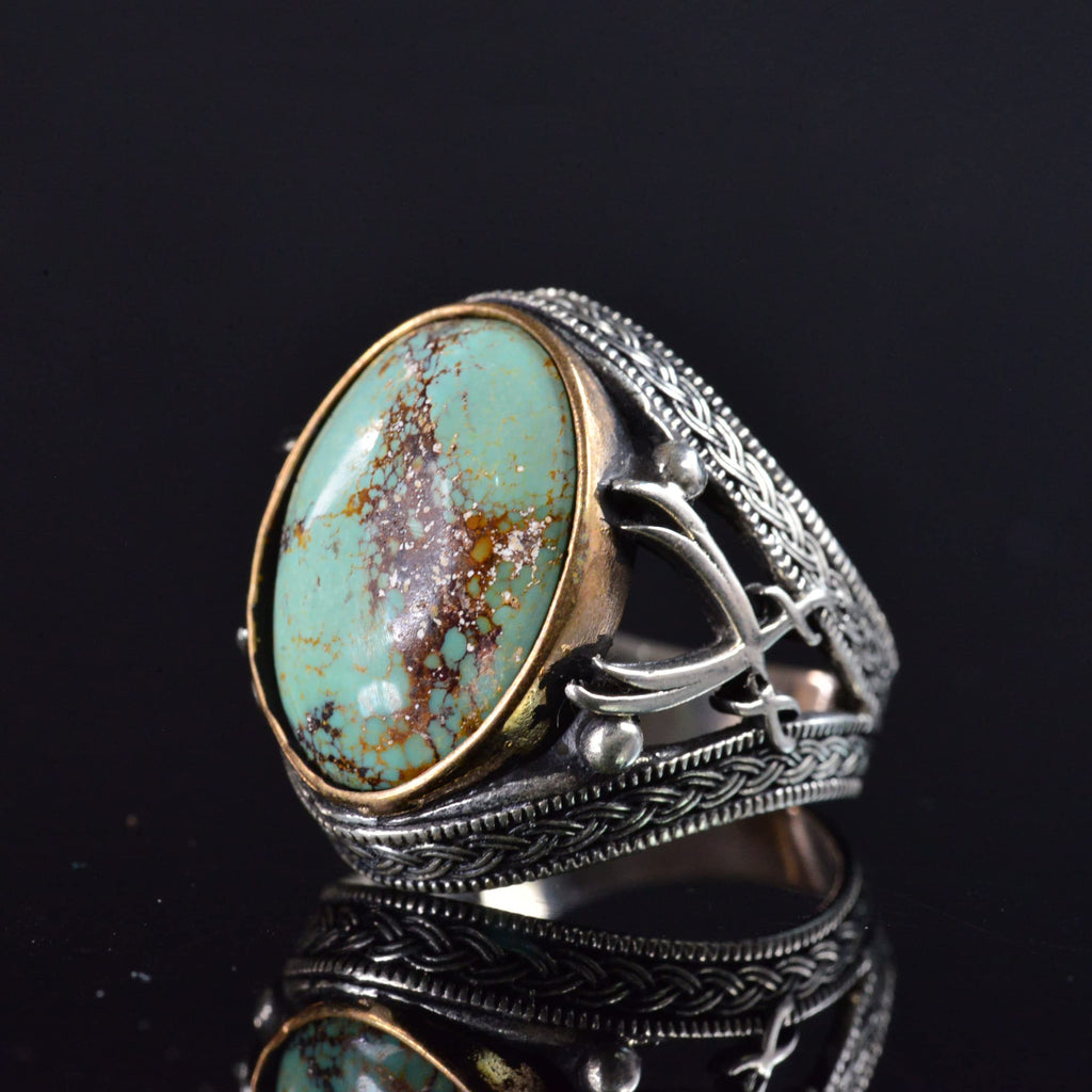 Natural Turquoise Stone Ring - Detailed Men's Ring - 925 Sterling Silver Ring — 6