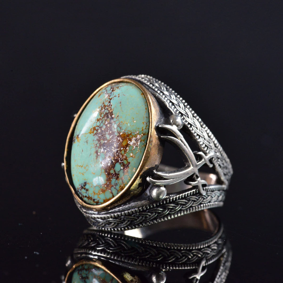 Natural Turquoise Stone Ring - Detailed Men's Ring - 925 Sterling Silver Ring — 6