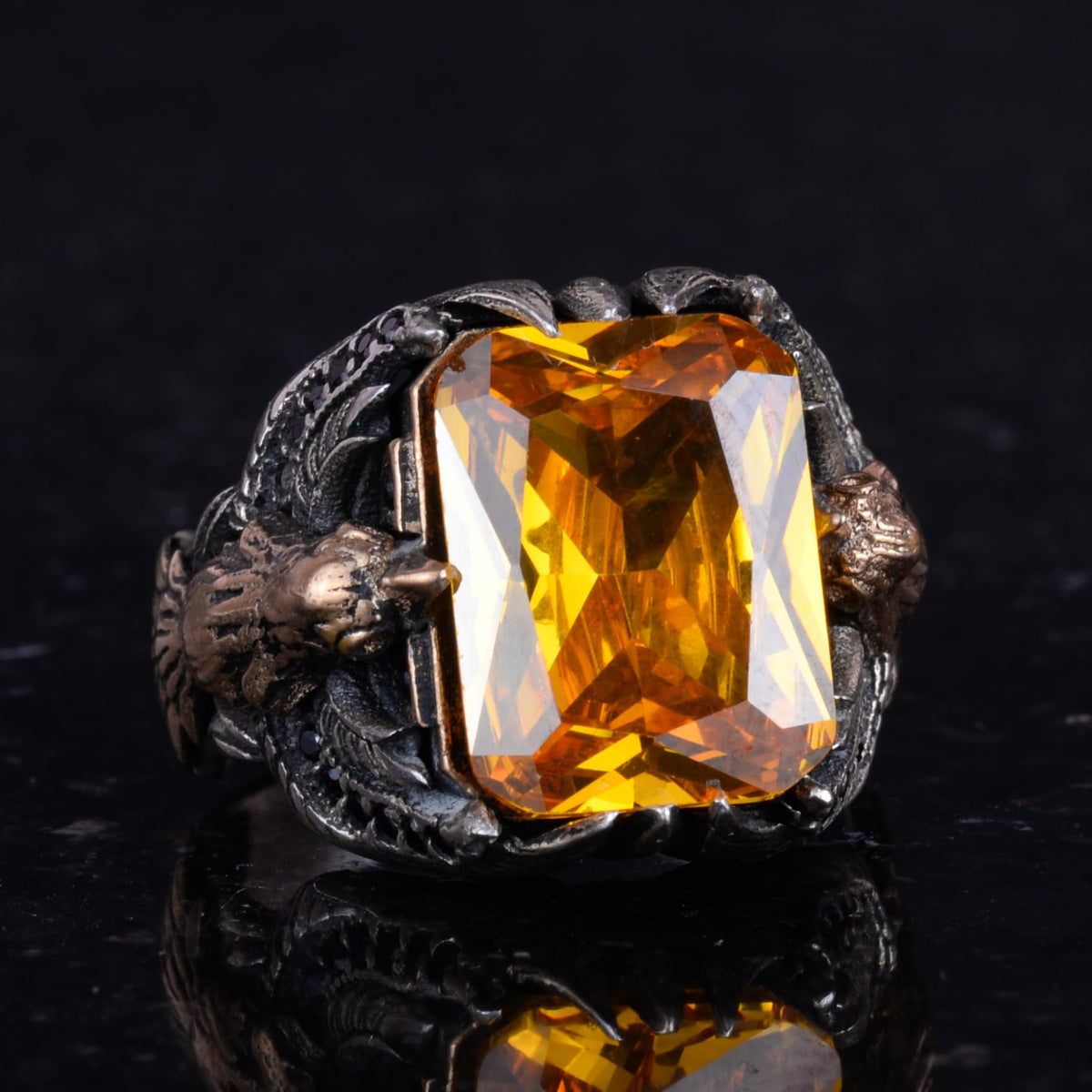 KAMBO Men's Eagle Symbol Stone Ring, Handmade 925 Sterling Silver Ring - Unique Protection Symbol (Created Citrine) — 5