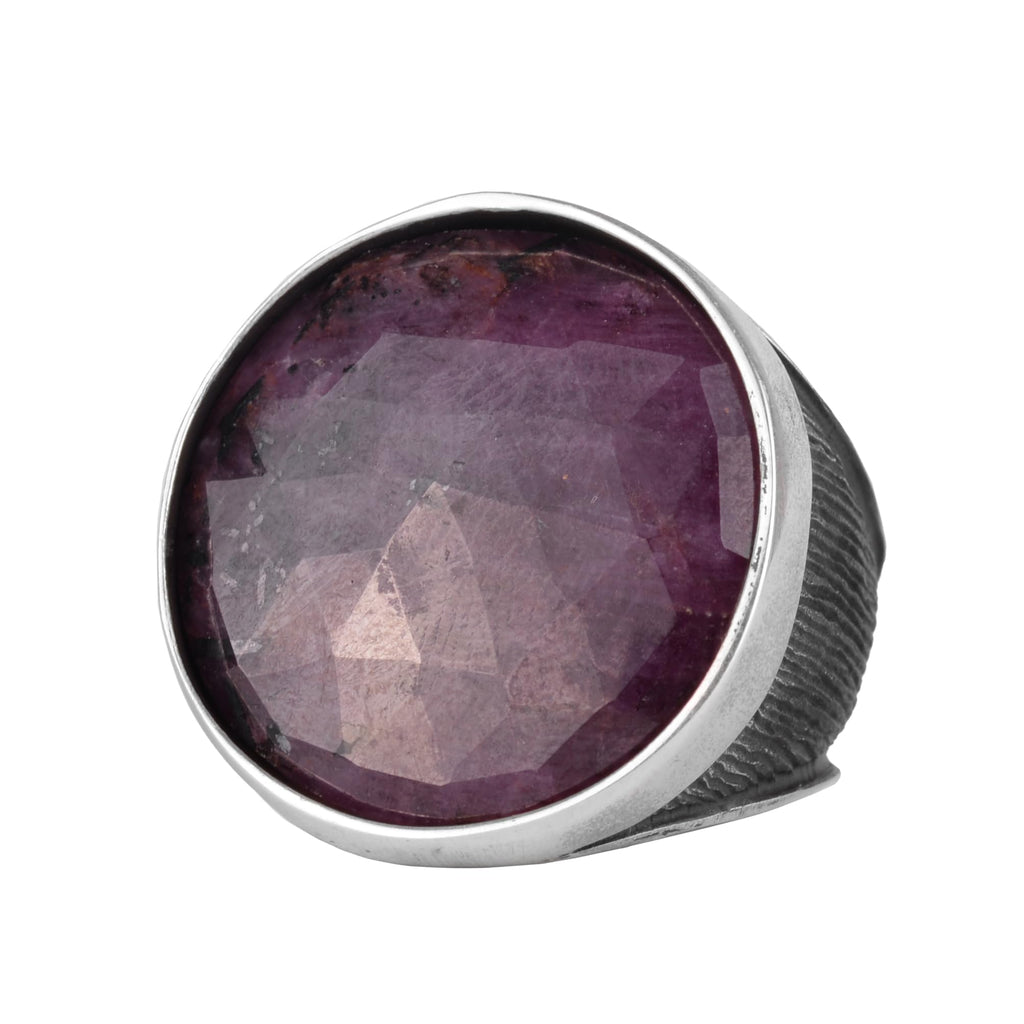 KAMBO 925 Sterling Silver Natural Stone Large Men's Ring – Handmade Round Shape Statement Silver Jewelry (Sapphire)
