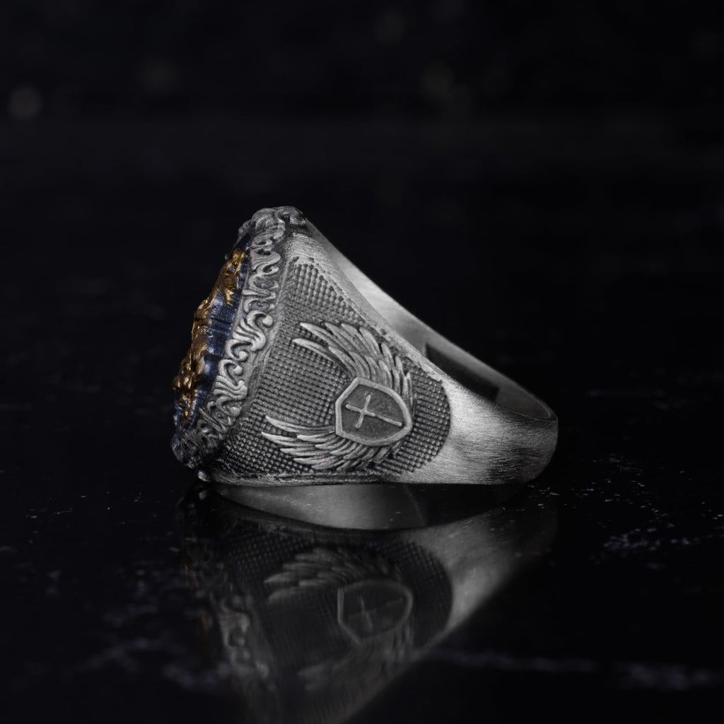 KAMBO 925 Sterling Silver St George and Dragon Men's Ring – Handcrafted Medieval Knight Signet Ring – Solid Silver Artis