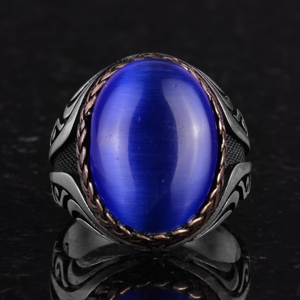 925 Sterling Silver Ring - Synthetic Stone Silver Ring - Handmade Ring (Dark Blue Eye Stone) — 4