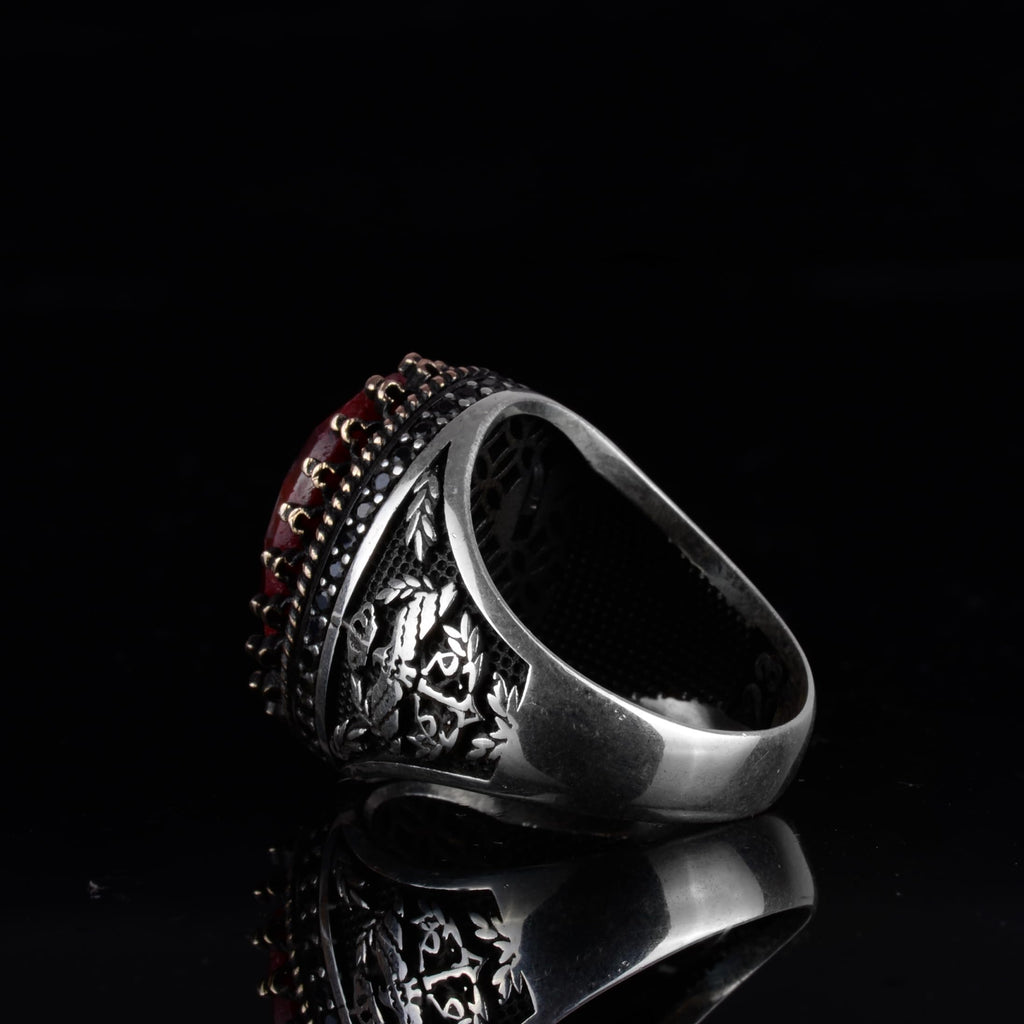 KAMBO Natural Sapphire 925 Sterling Silver Eagle Designed Men's Ring – Handmade Ottoman Style Statement Ring (Red Sapphire) — 7