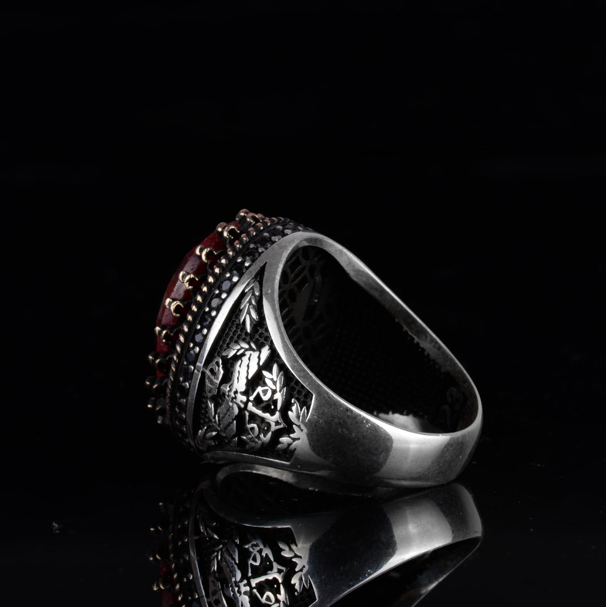 KAMBO Natural Sapphire 925 Sterling Silver Eagle Designed Men's Ring – Handmade Ottoman Style Statement Ring (Red Sapphire) — 7