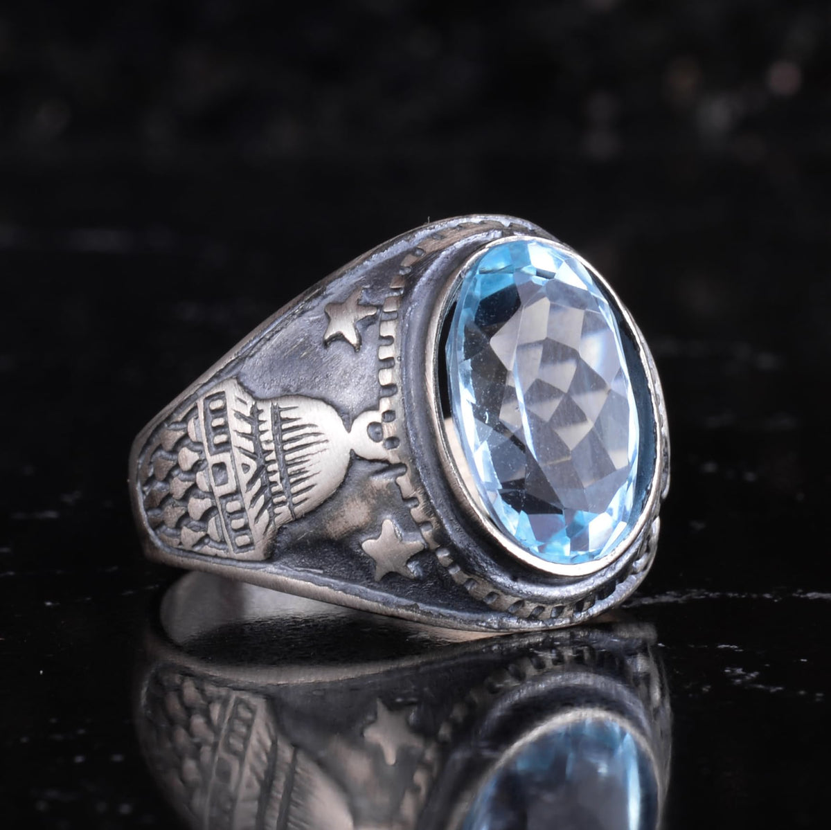 KAMBO Natural Blue Topaz Stone Men's Ring 925 Sterling Silver – Eagle Motif Handmade Ring – Light Blue Stone Vintage Statement Jewelry — 6