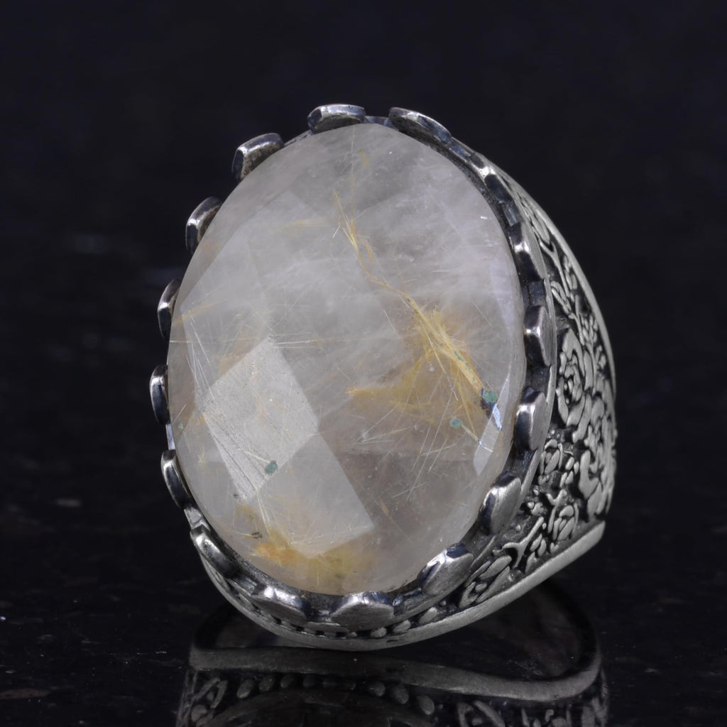 Natural Stone Ring - Rose Pattern - 925 Sterling Silver - Handmade Large Ring (Gold Rutile Quartz) — 6