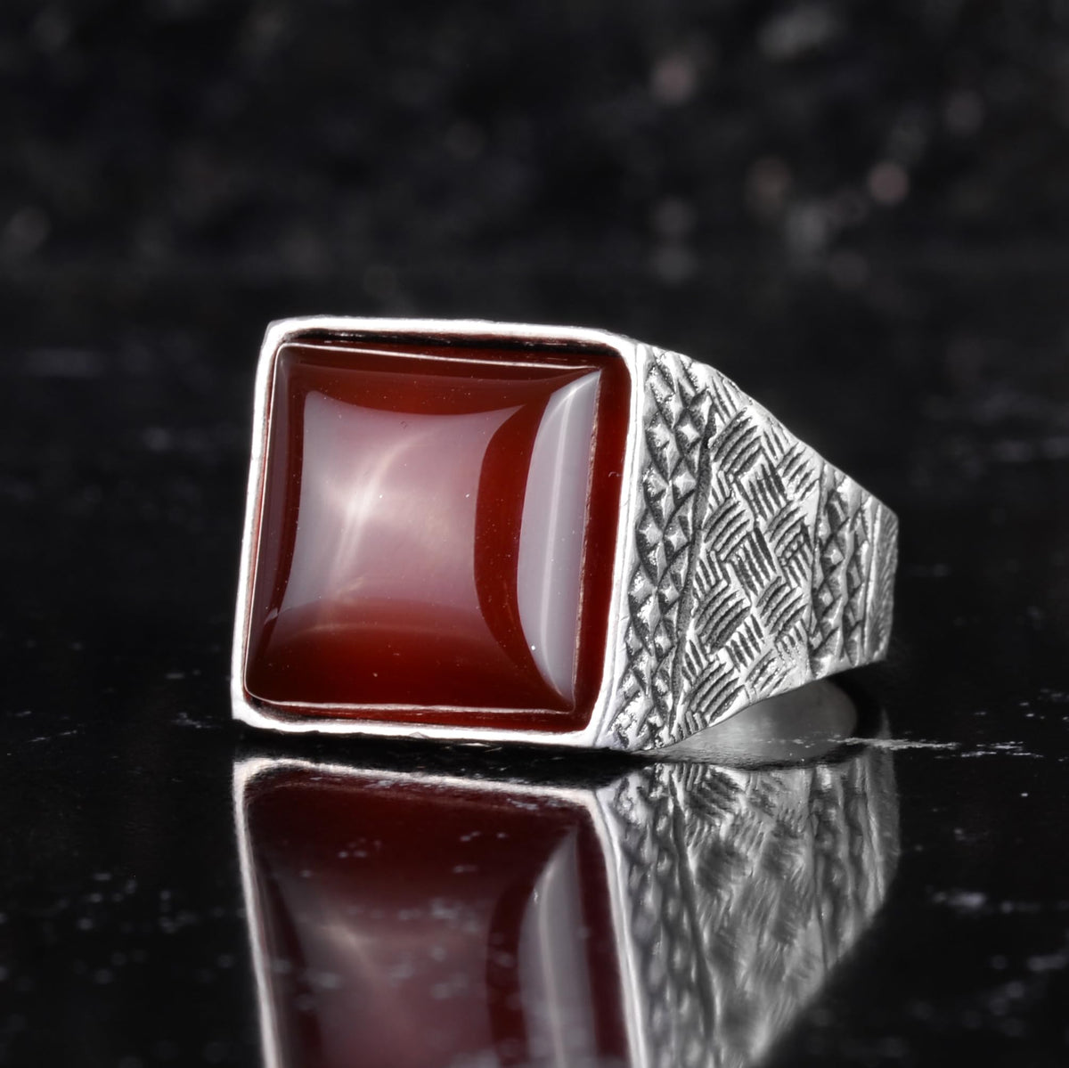 KAMBO Natural Stone Men's Ring 925 Sterling Silver Square Stone Handmade Statement Ring Unique Masculine Jewelry (Red Agate) — 4