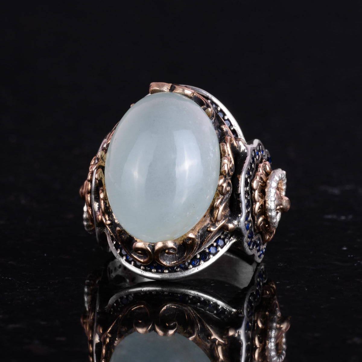 Handcrafted Lion Cabochon Aquamarine Stone Ring — 5