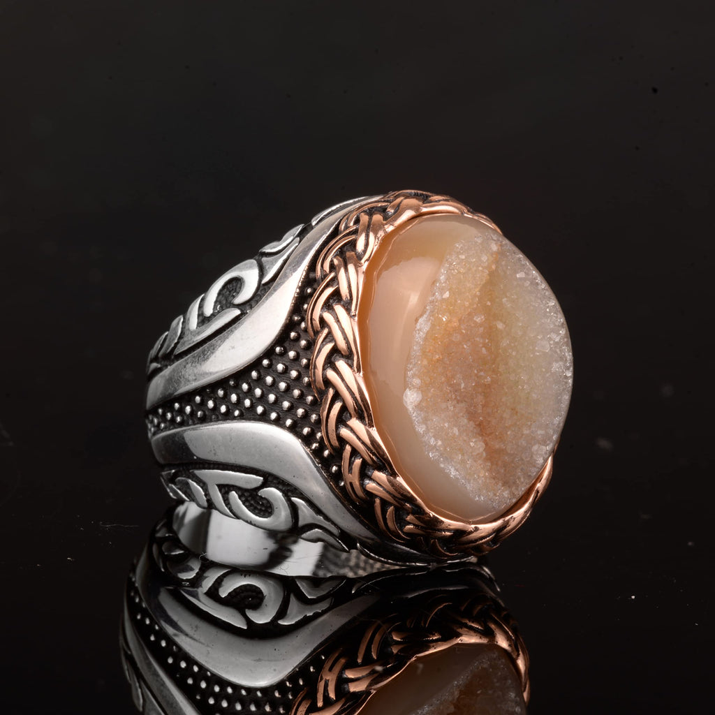 Natural Druzy Crystal Quartz Stone Ring - 925 Sterling Silver (Yellow) — 6