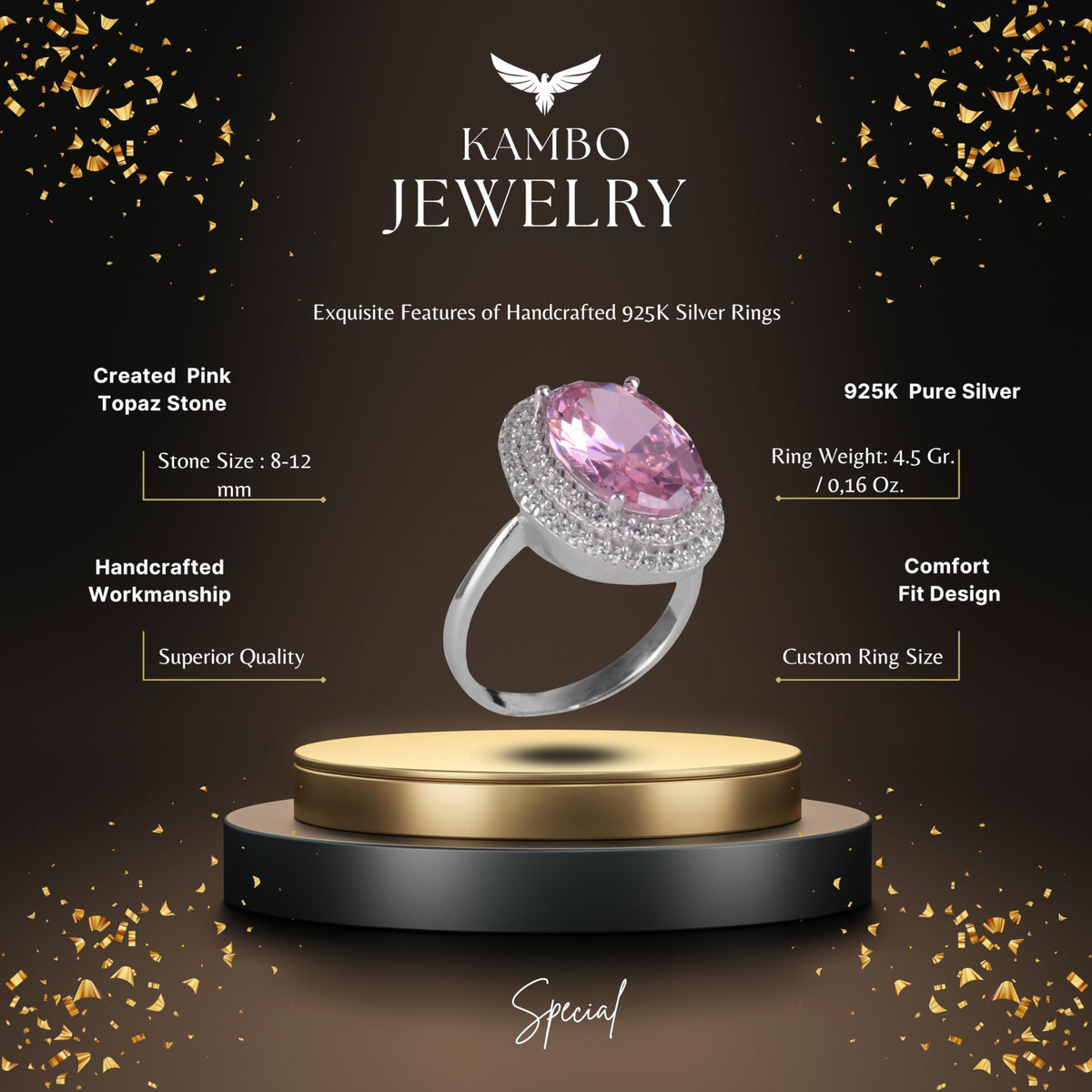 Kambo 925 Sterling Silver Women's Ring – Handmade Ring with Synthetic Stone, Elegant Oval Cut (Synthetic Pink Topaz) — 2