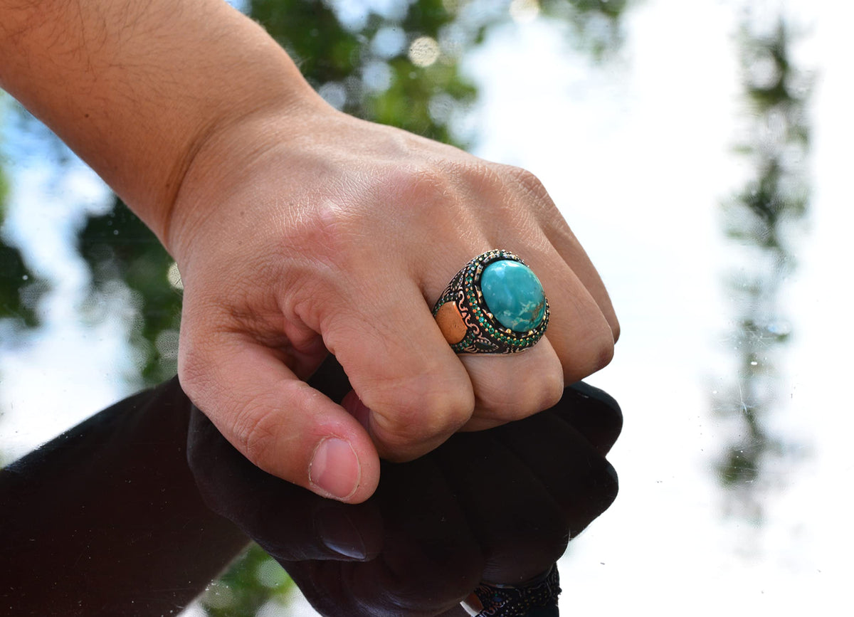 Natural Arizona Turquoise Stone Ring - Minimalist Men's Ring - 925 Sterling Silver — 7