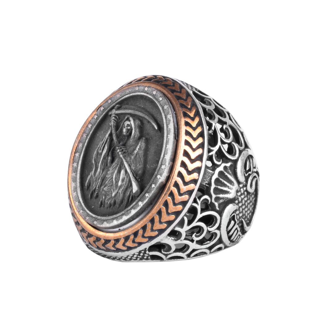 KAMBO Grim Reaper Men's Ring – Death Figure Engraved and Bronze Detailed 925 Sterling Silver Oval Seal Ring – Gothic Handmade Statement Jewelry