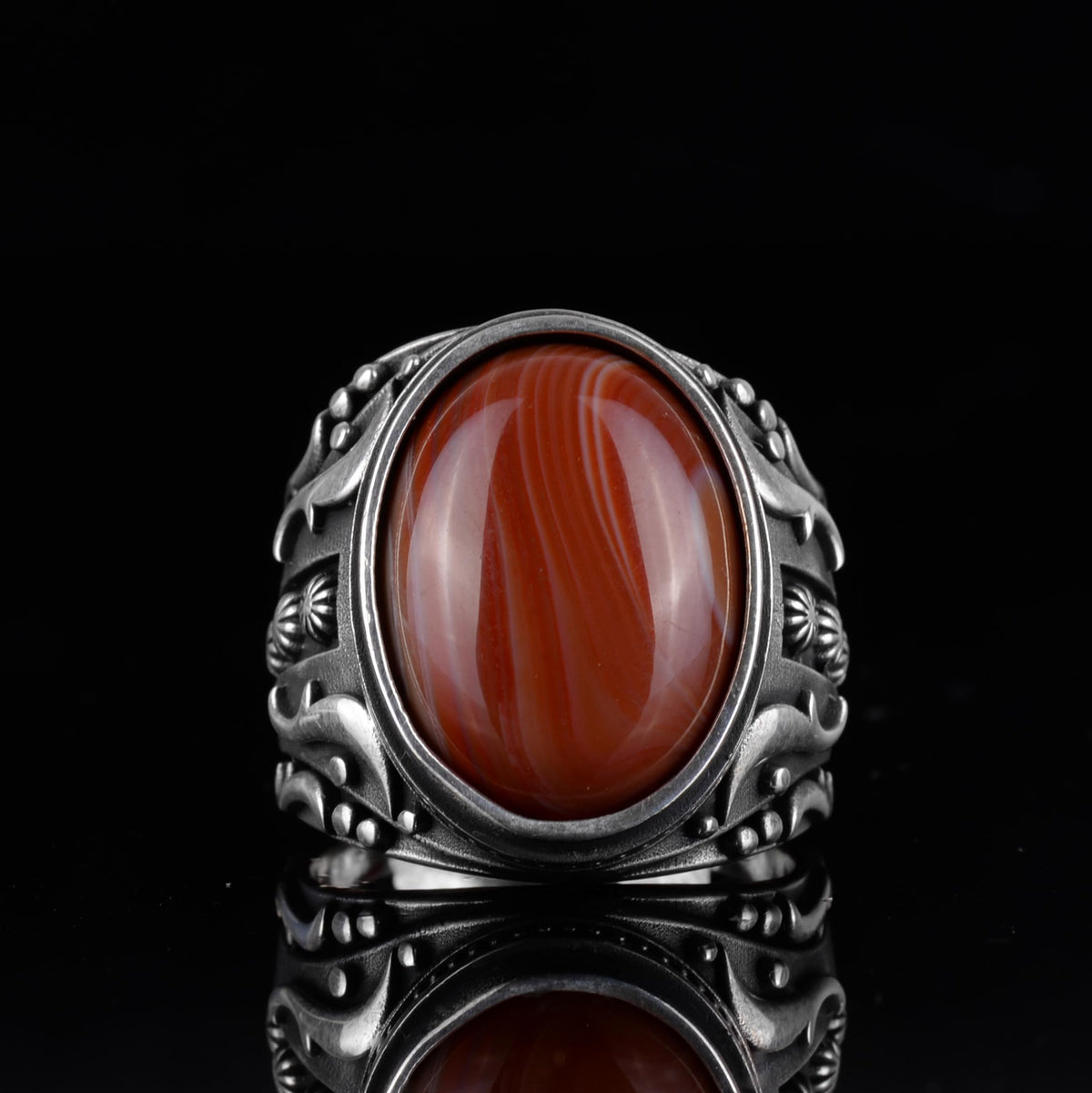 KAMBO Men's Natural Agate Ring – 925 Sterling Silver Flower Pattern Ring – Men's Handmade Vintage Style Statement Ring (Agate-4) — 4