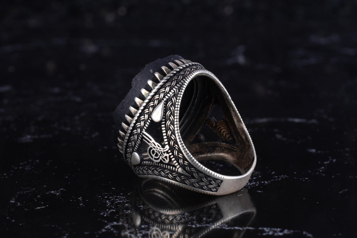 KAMBO Men's Natural Stone Ring – 925 Sterling Silver Large Statement Ring – Handmade Ottoman Pattern Jewelry (Black Tourmaline) — 8