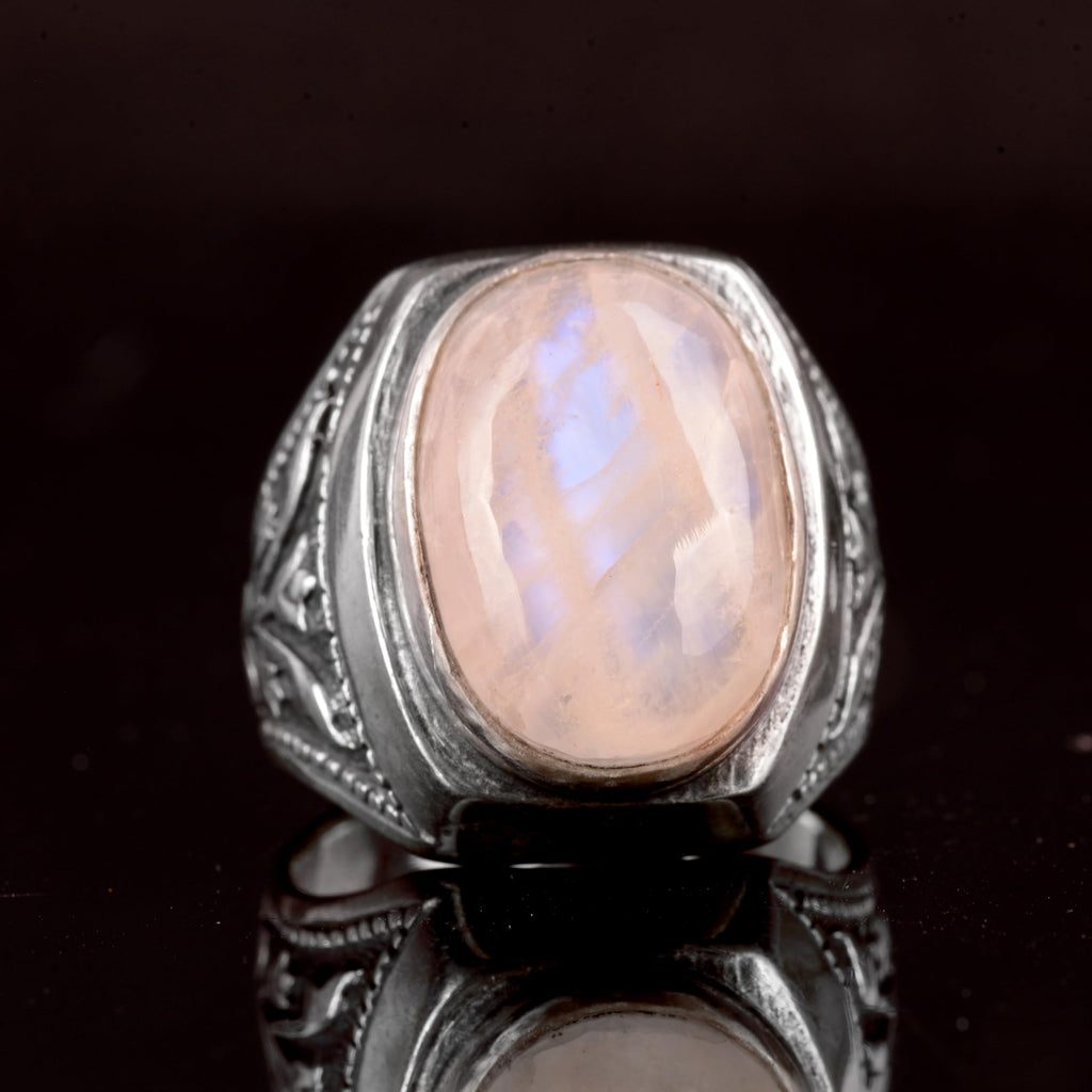 Falcon Jewelry Men's sterling silver ring, natural rainbow moonstone gemstone (Adjustable), White