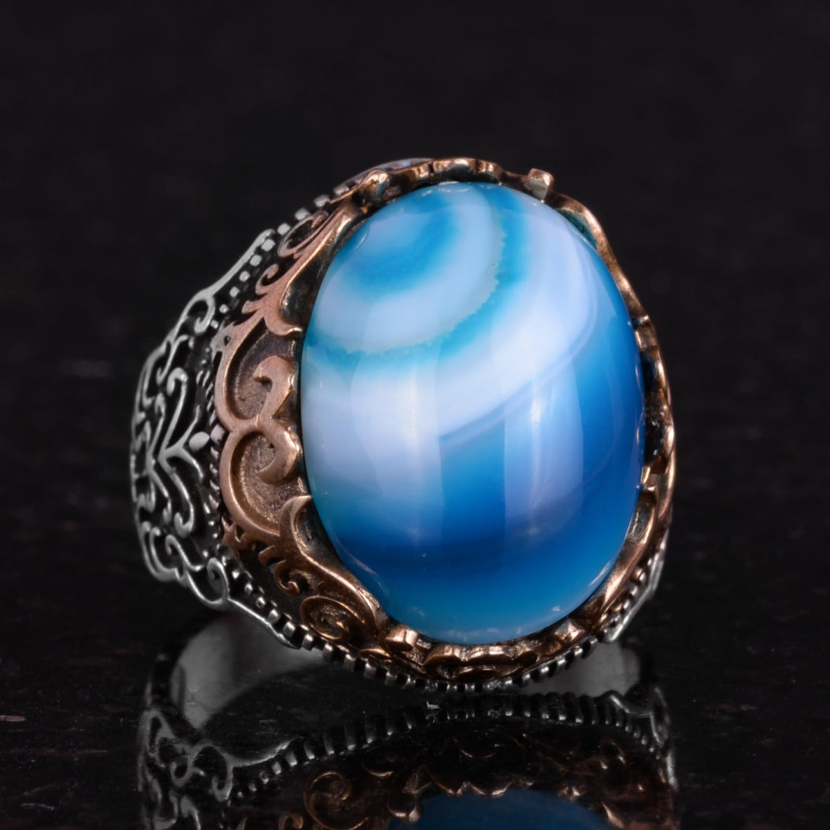Natural Blue Agate Handmade Ring - 925 Sterling Silver — 5