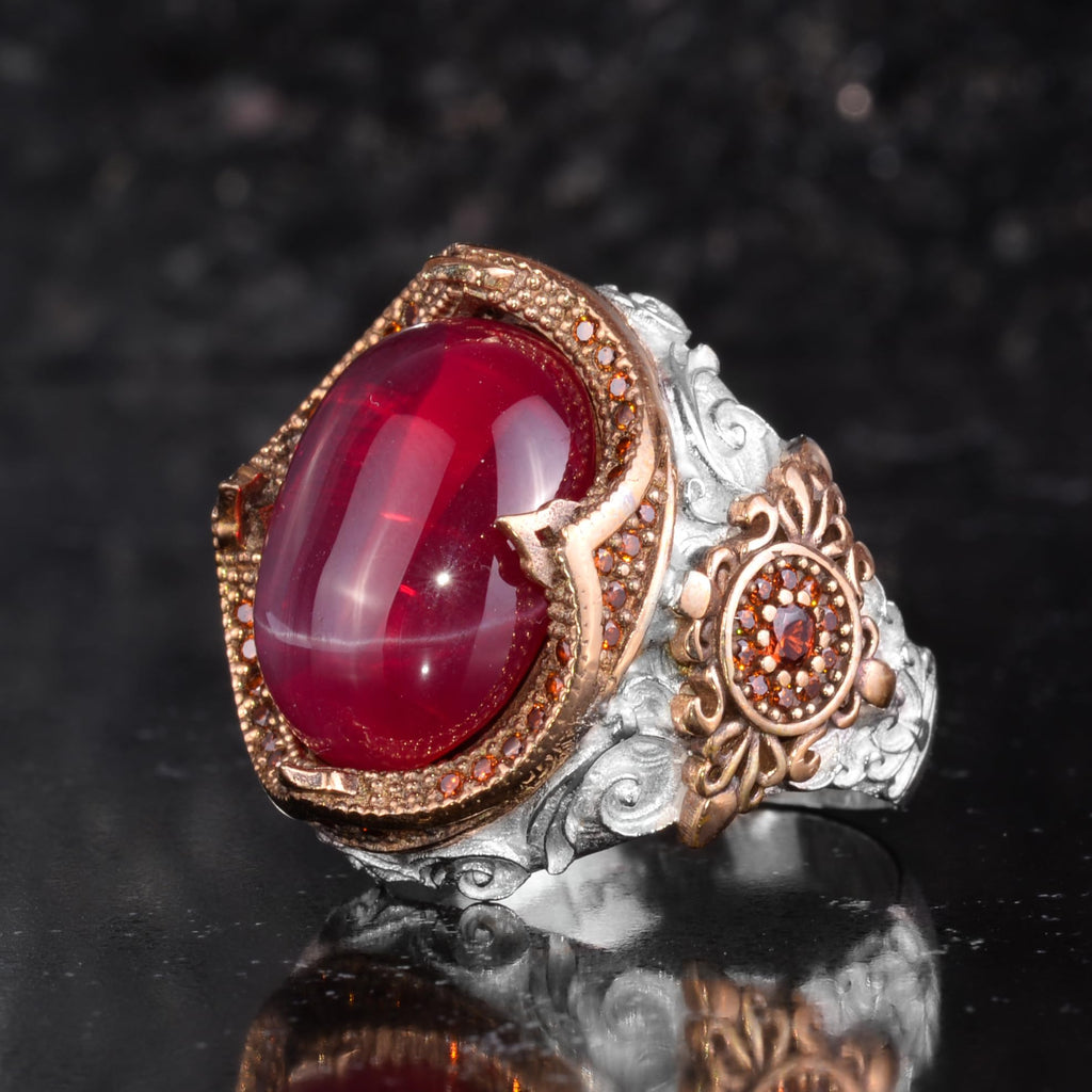 KAMBO Star Ruby Stone Men's Ring – 925 Sterling Silver Bronze Detail Statement Ring – Large Oval Red Star Ruby Handmade Ring — 5