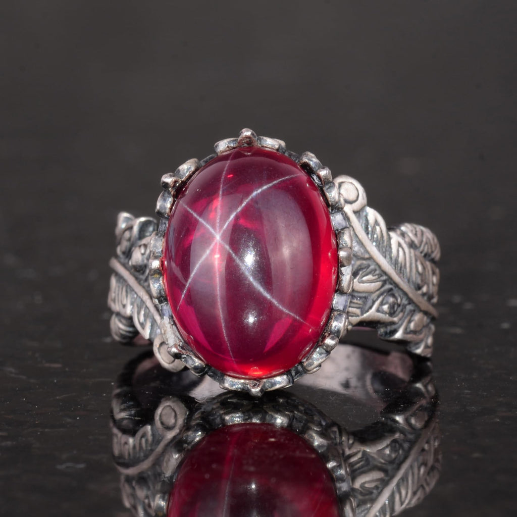 Natural Star Ruby Stone Women's Silver Ring — 6