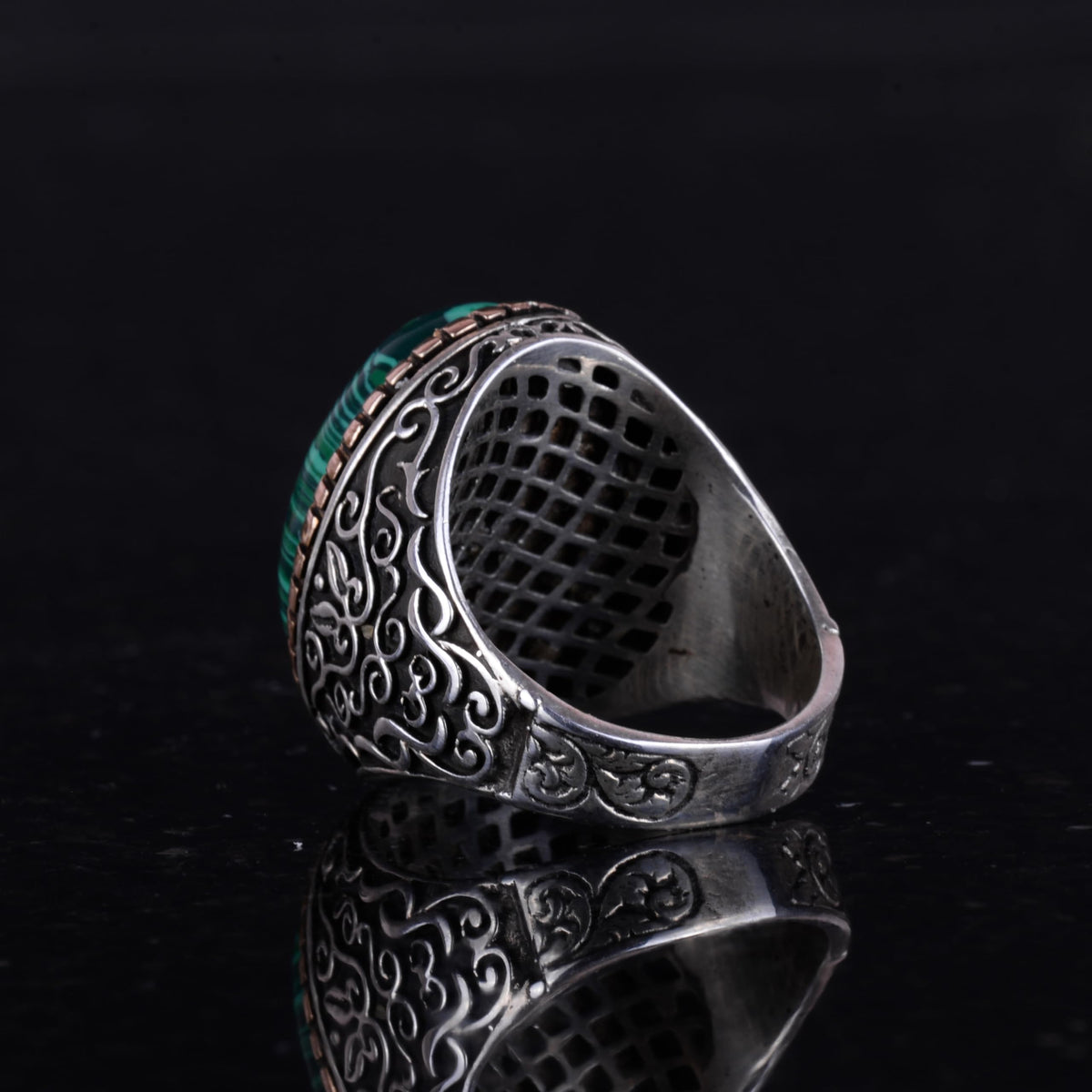 Big Ring, Natural Malachite Stone Ring, 925 Sterling Silver Men's Ring — 6