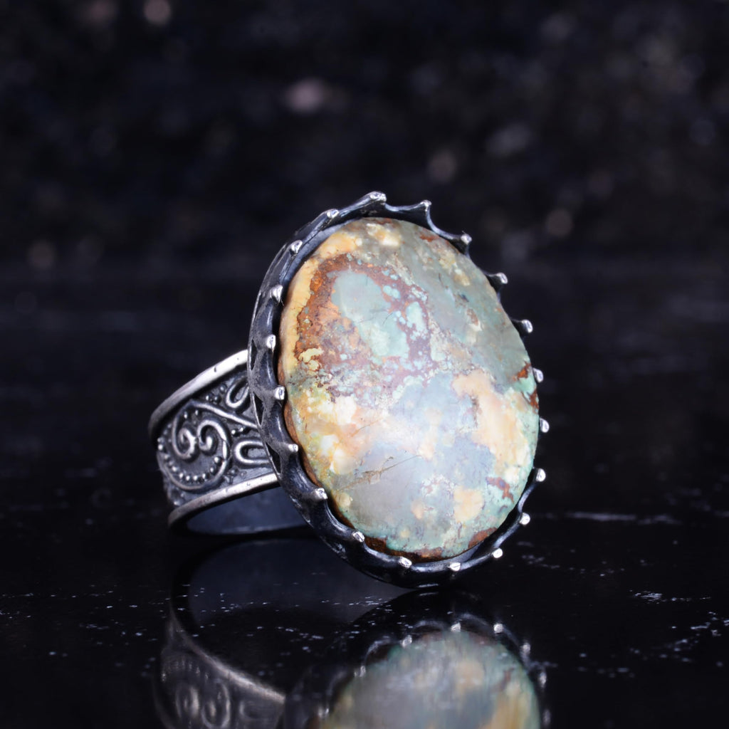 KAMBO Natural Arizona Turquoise Stone Large Men's Ring 925 Sterling Silver Crown Frame Oval Cabochon Ottoman Pattern Handmade Statement Ring (Turquoise-4) — 6