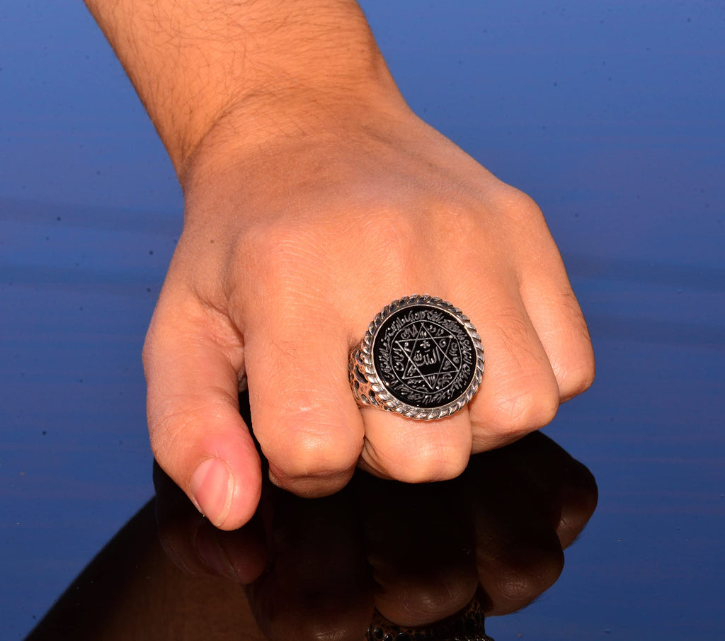 Silver Men's Ring, Natural Black Onyx Stone, Solomon's Seal Ring, Handmade Jewelry — 7