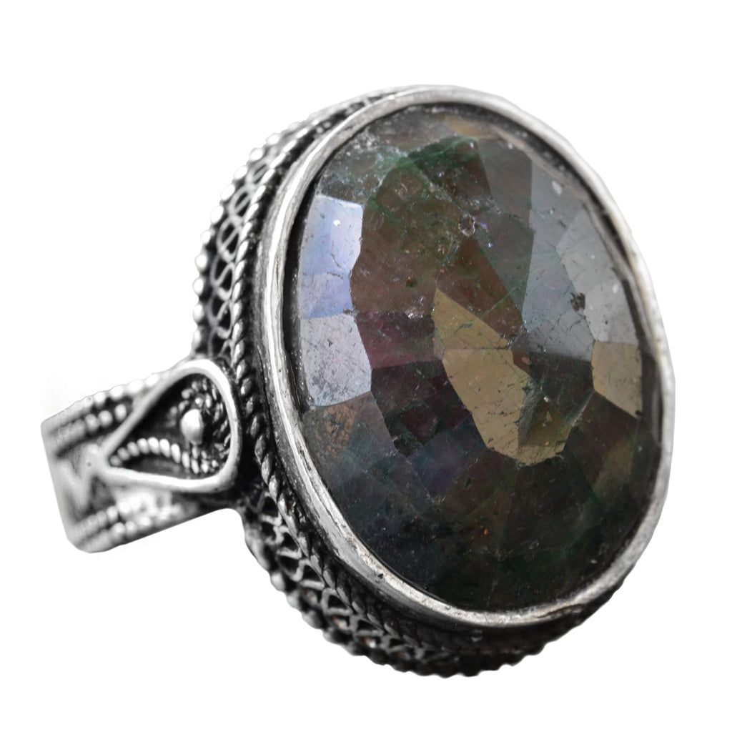 Silver Ring, Natural Emerald Stone, Vintage Design