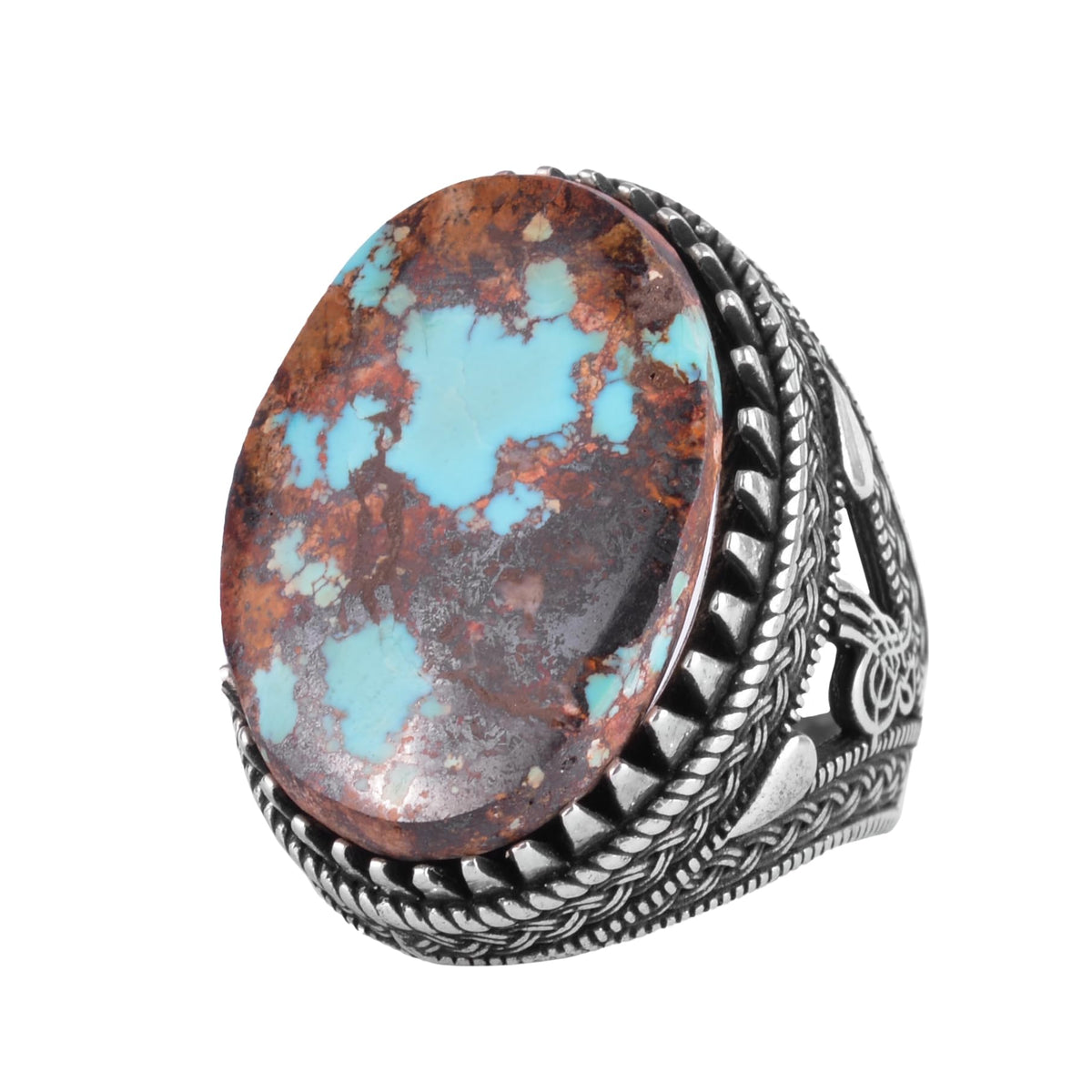 KAMBO Natural Turquoise Stone Ring 925 Sterling Silver Men's Ring Large Oval Stone Ottoman Tugra Style Handmade Vintage Design (Turquoise-2)