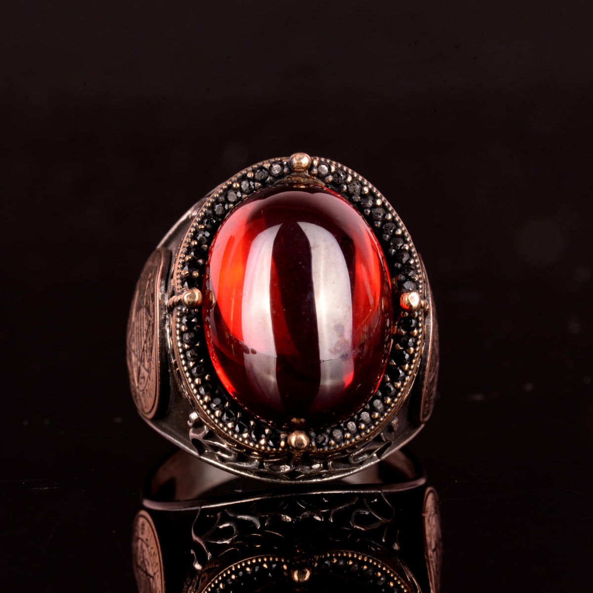 Kambo Star of David 925 Sterling Silver Solomon Ring – Cabochon Synthetic Garnet Stone — 5