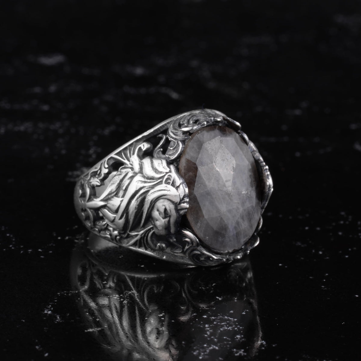 KAMBO Natural Stone Men's Ring 925 Sterling Silver - Large Flower Engraved Statement Ring - Handmade Vintage Ring for Men (Sapphire) — 5