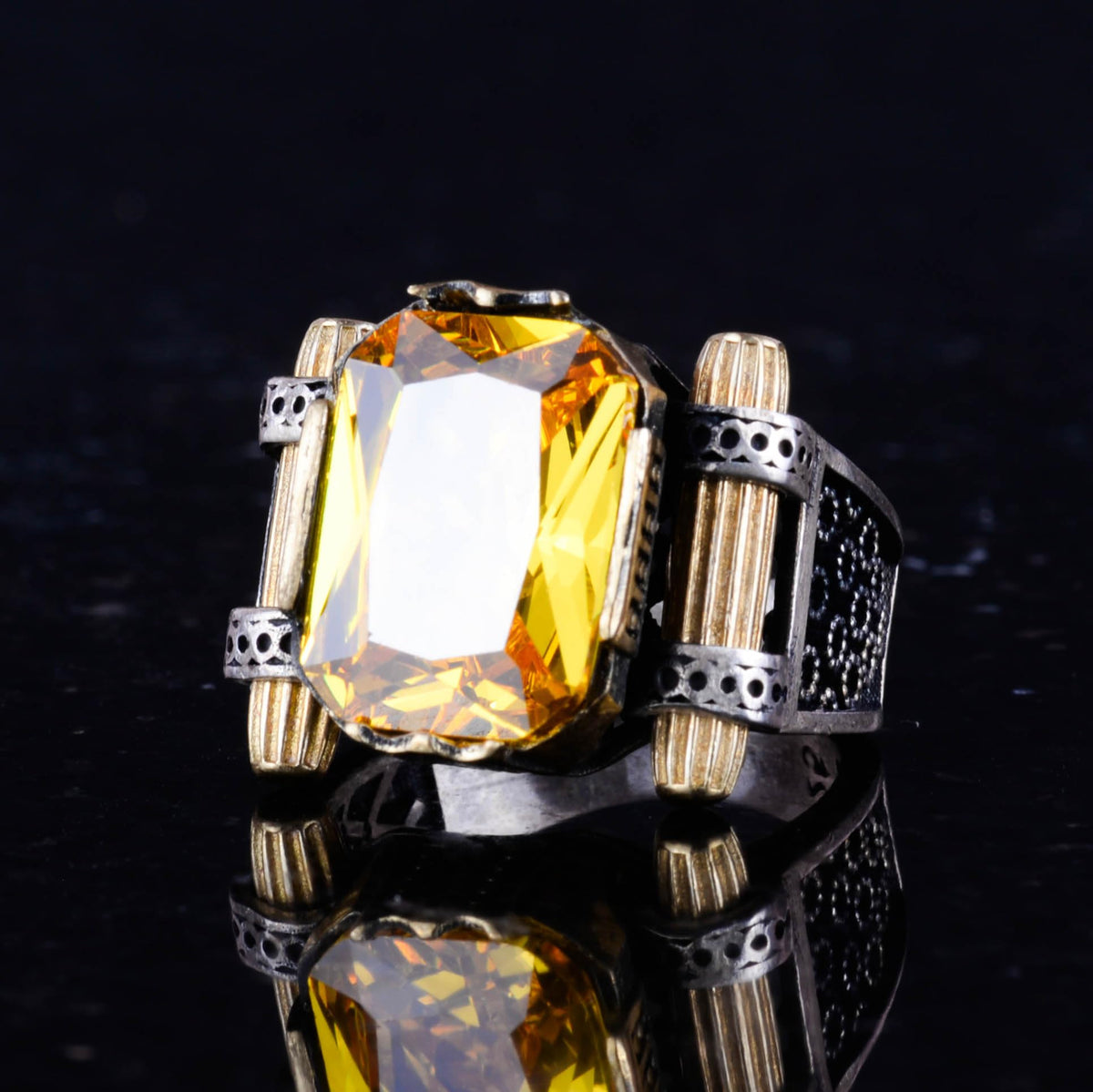Kambo Synthetic Citrine Stone Ring - 925 Sterling Silver Handmade Design Men's Ring — 6