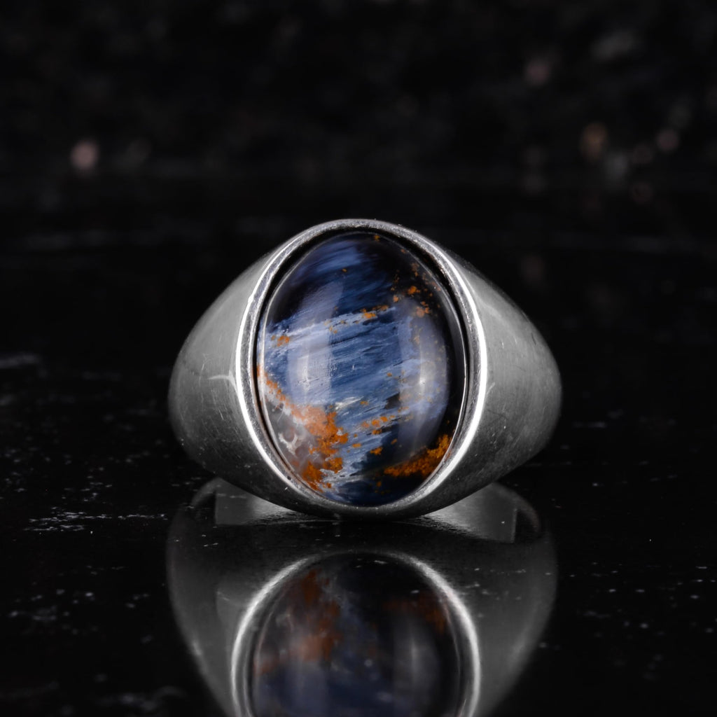 KAMBO Natural Men's Ring – 925 Sterling Silver Minimalist Oval Stone Ring – Handmade Classic Statement Jewelry (Pietersite) — 4