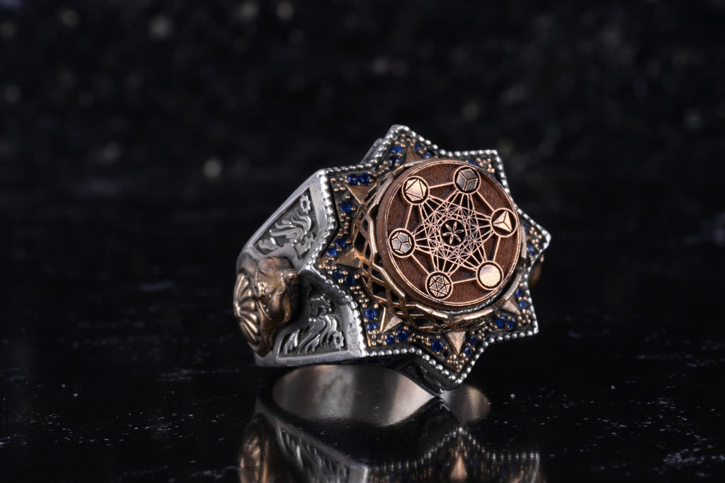 KAMBO Star Shaped Metatron Cube Men's Ring – Bronze Detailed 925 Sterling Silver Ring – Handmade Symbolic Large Statement Ring — 6