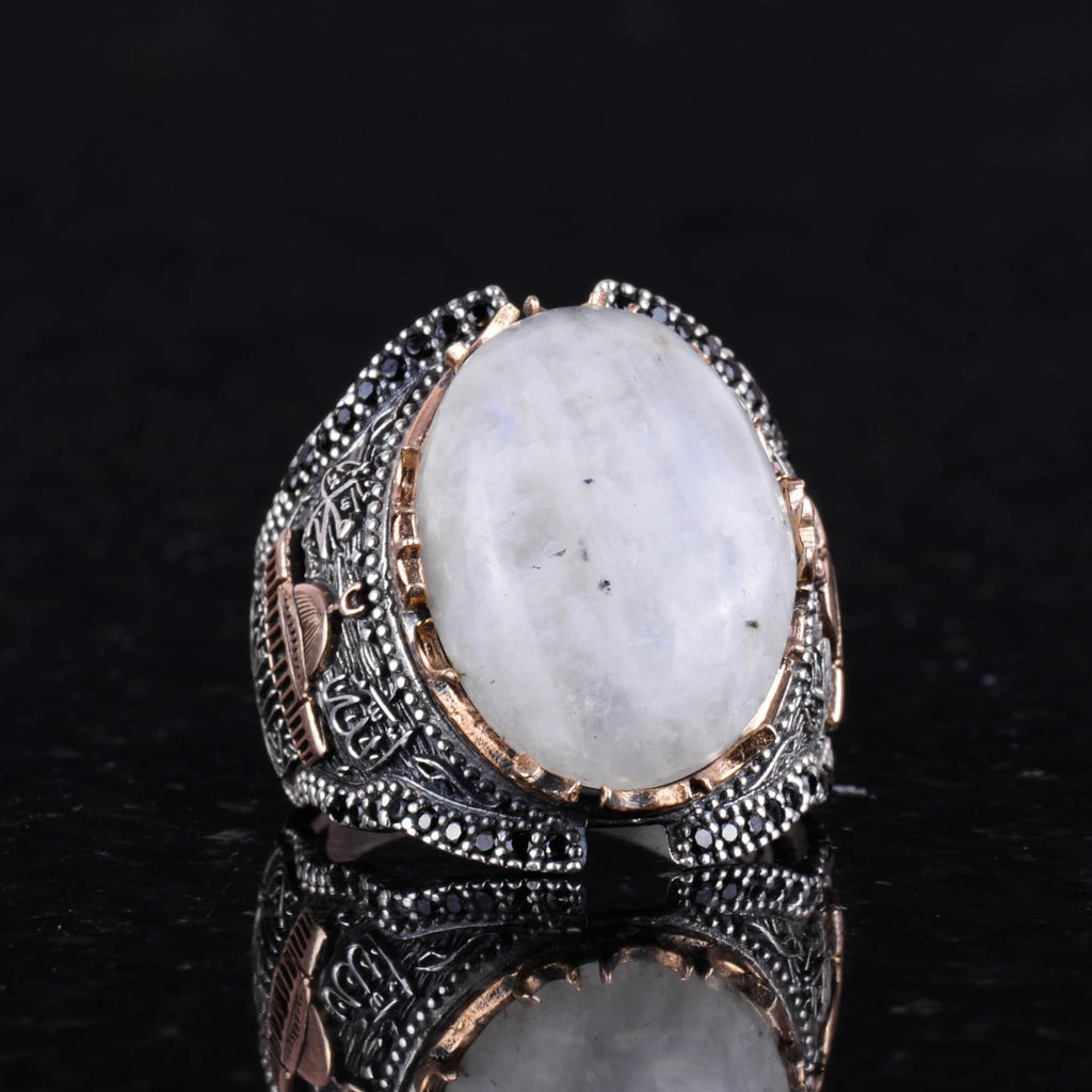 Natural Moonstone Ring, 925 Sterling Silver Men's Ring, Moonlight Design — 5