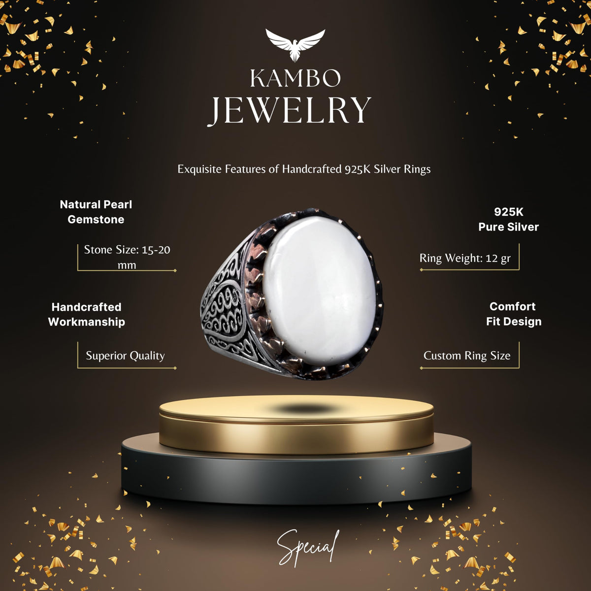 925 Sterling Silver Men's Ring - Handmade Elegance with Natural Pearl Stone — 2