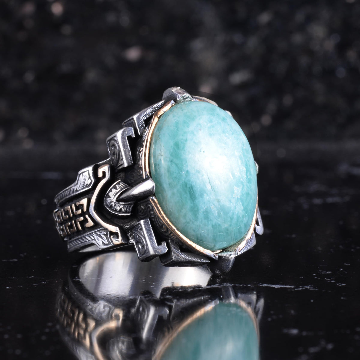 KAMBO Natural Stone Ring 925 Sterling Silver – Handmade Men's Statement Ring Healing Jewelry (Amazonite) — 6