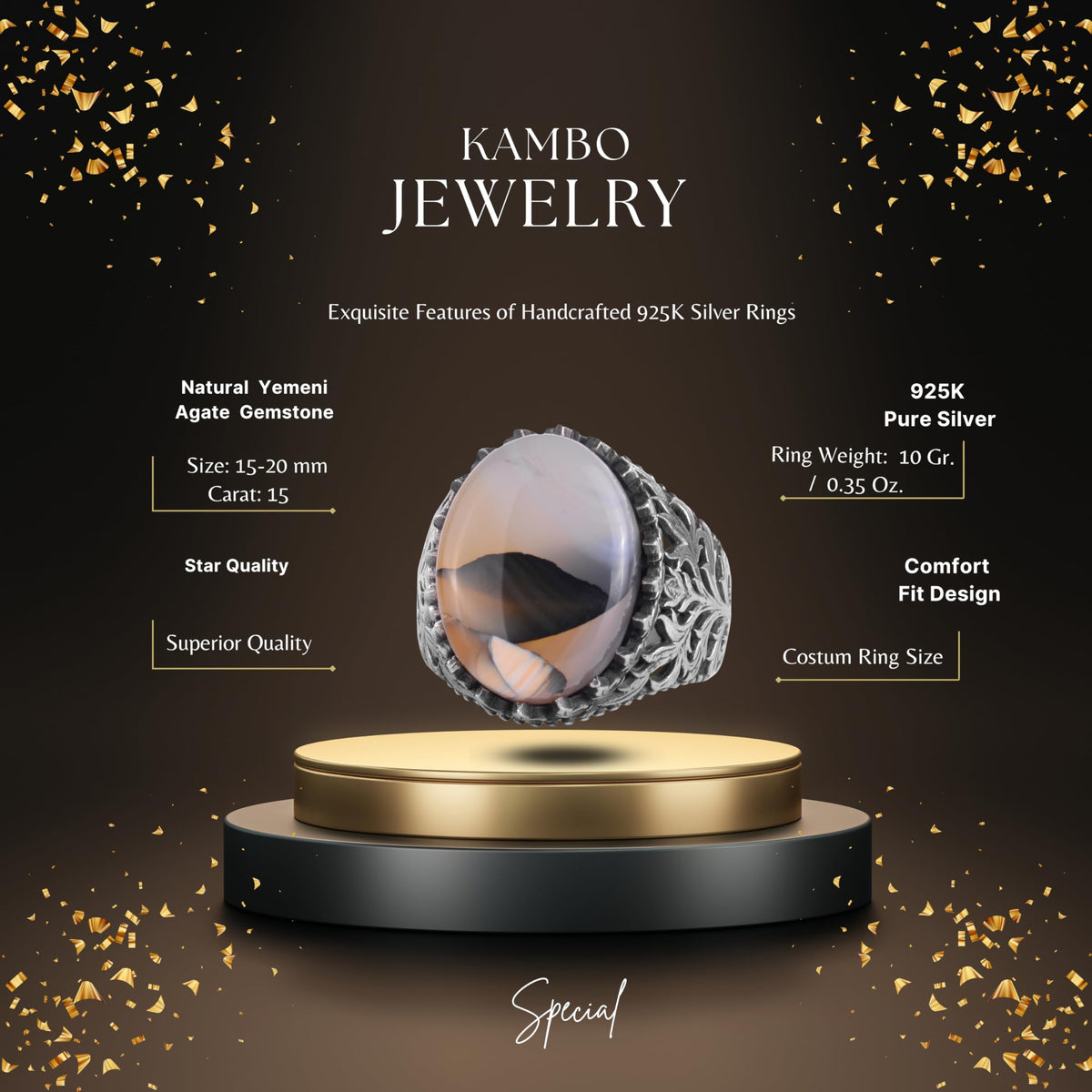 KAMBO Natural Yemen Agate Stone Ring – 925 Sterling Silver Decorative Men's Ring – Handmade Vintage Statement Ring (Yemen Agate-1) — 2