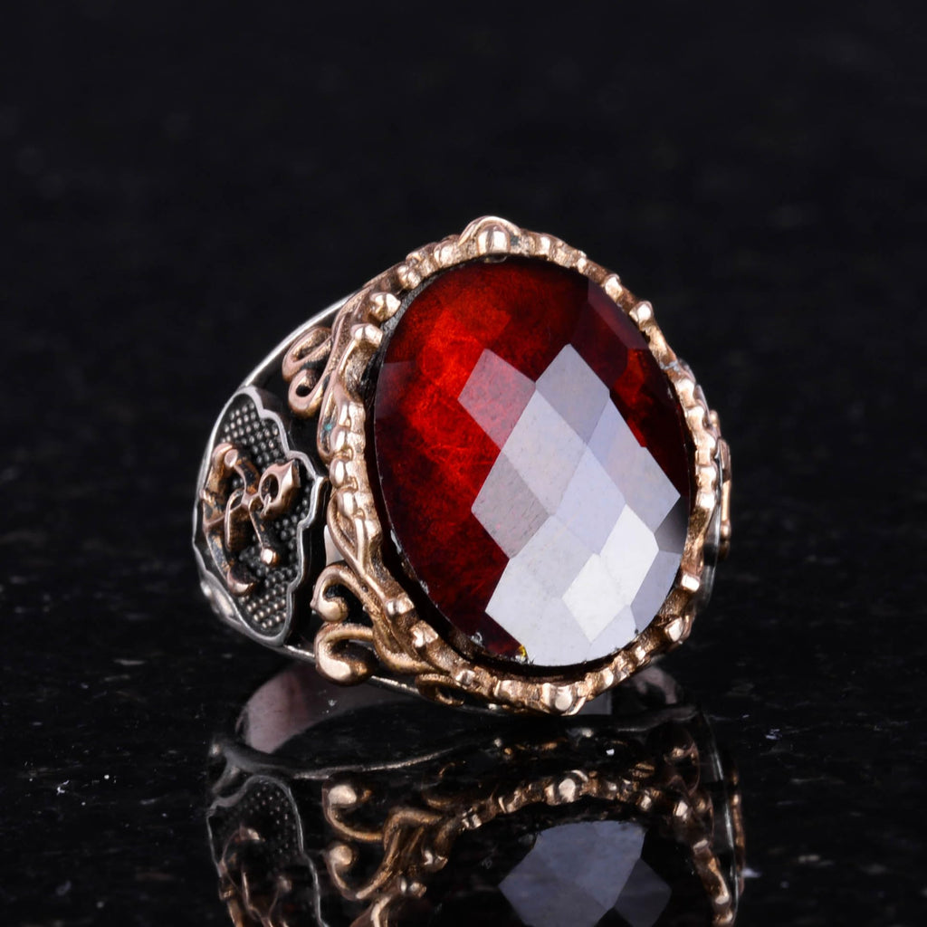 Garnet Stone Sailor Anchor Ring - 925 Sterling Silver — 5
