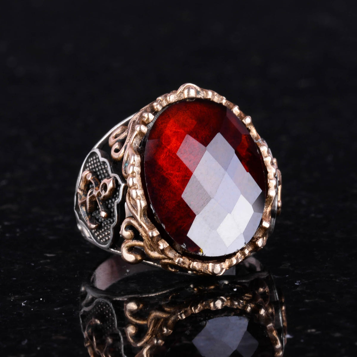 Garnet Stone Sailor Anchor Ring - 925 Sterling Silver — 5